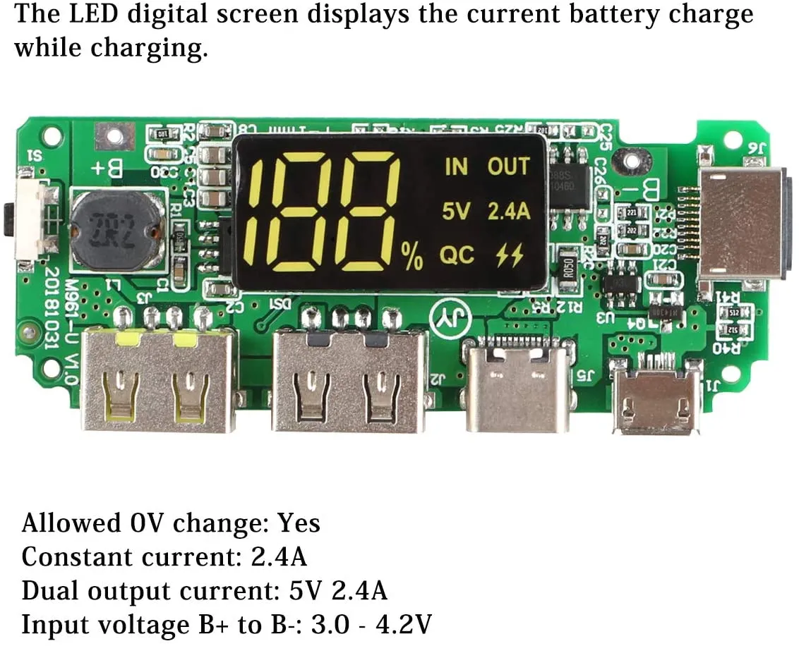 18650 5V 2.4A Dual USB   Type-C   Micro   Lightning/Apple USB Power Bank With LED Display 18650 Charger Board