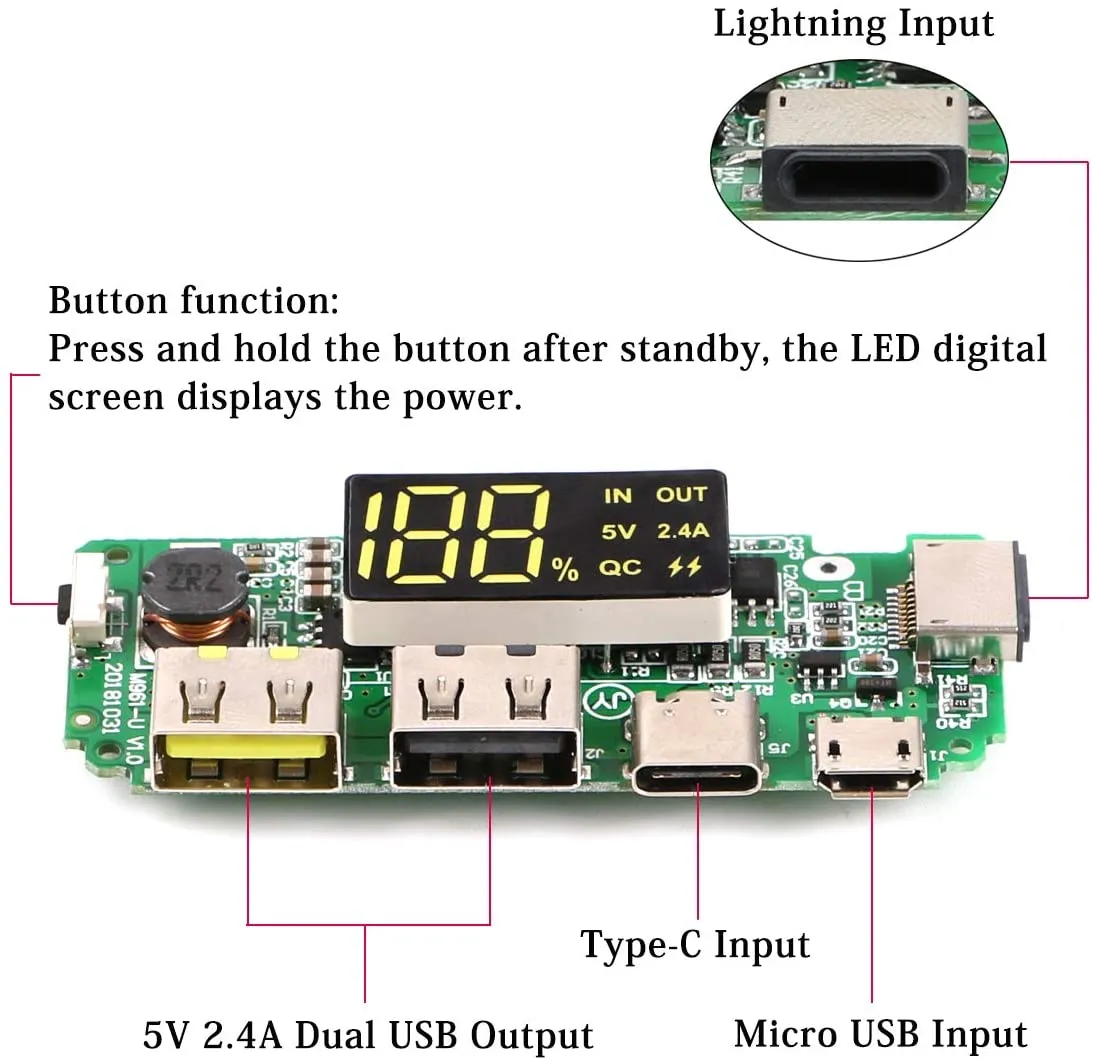 18650 5V 2.4A Dual USB   Type-C   Micro   Lightning/Apple USB Power Bank With LED Display 18650 Charger Board