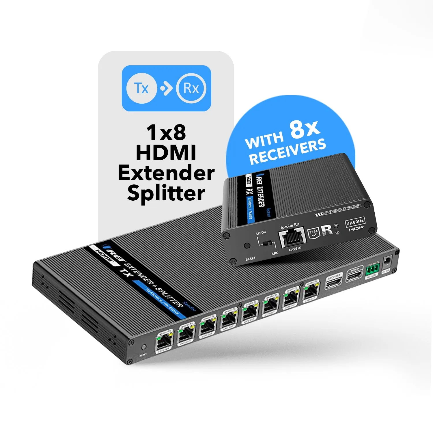 1x8 4K HDMI Extender Splitter Over Single CAT6/7 Up to 230 Ft - ipcolor technology 18 Gbps Bandwidth Bi-directional IR, RS-232 Control & Advance EDID (UHD18-IPC230-K)