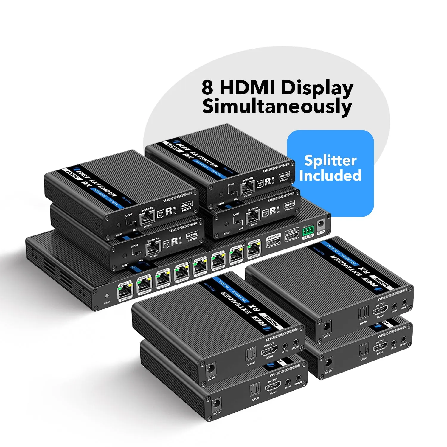 1x8 4K HDMI Extender Splitter Over Single CAT6/7 Up to 230 Ft - ipcolor technology 18 Gbps Bandwidth Bi-directional IR, RS-232 Control & Advance EDID (UHD18-IPC230-K)