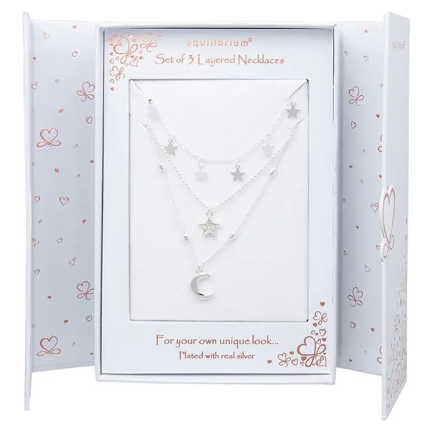 3 In 1 Layered Silver Plated Moon Stars Necklace Gift Set