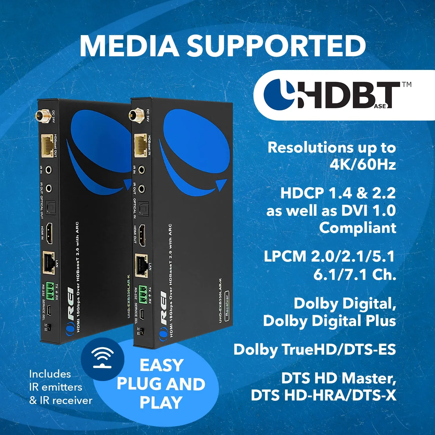 4K HDBaseT HDMI Extender Over CAT6/7 up to 330 Feet, Bi-directional IR, ARC, PoC, RS-232 (UHD-EXB330LAR-K)