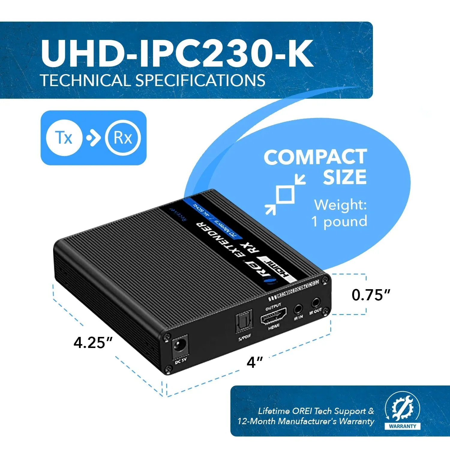 4K HDMI Extender Over CAT6/7 -230 ft -IR Blaster & Audio Extraction (UHD-IPC230-K)