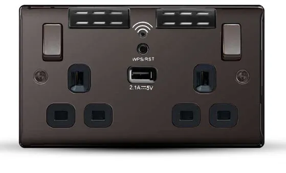 BG USB Wifi Double Socket in Black Nickel with Black Insert - NBN22UWRB-01