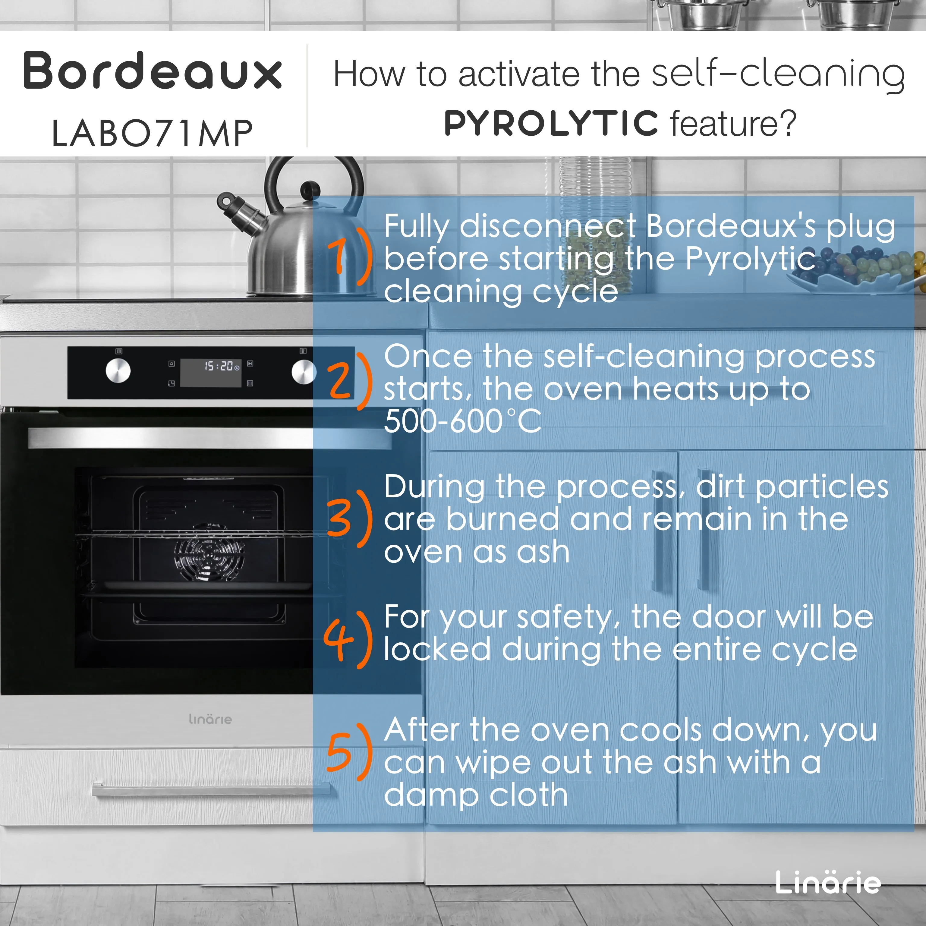 Bordeaux 60cm Electric Built-in Pyrolytic Oven Self-Cleaning LABO71MPX