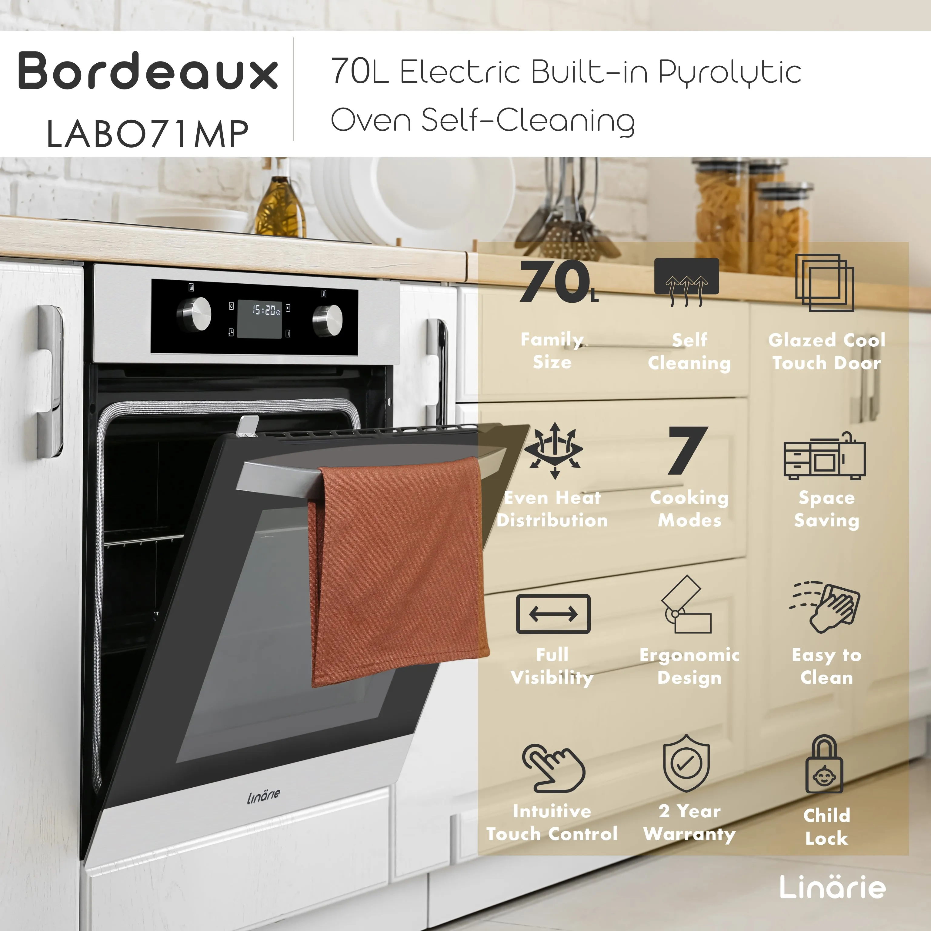 Bordeaux 60cm Electric Built-in Pyrolytic Oven Self-Cleaning LABO71MPX