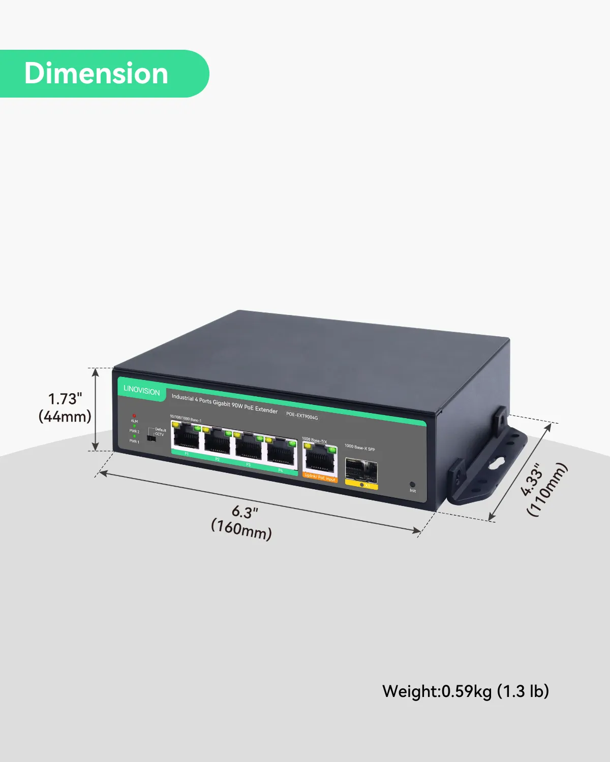 Industrial 4 Ports Gigabit BT90W PoE Passthrough Switch and PoE Extender, DIN Rail PoE Powered Switch support 820ft Long Distance PoE (POE-EXT9004G)