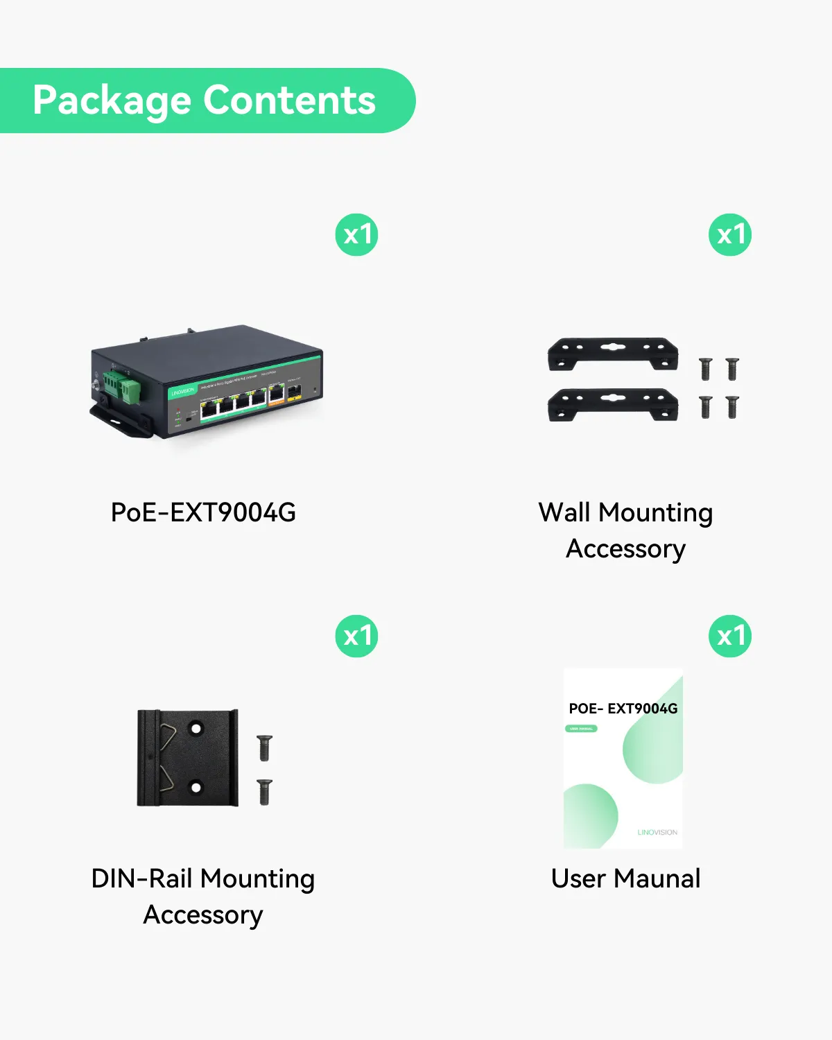 Industrial 4 Ports Gigabit BT90W PoE Passthrough Switch and PoE Extender, DIN Rail PoE Powered Switch support 820ft Long Distance PoE (POE-EXT9004G)