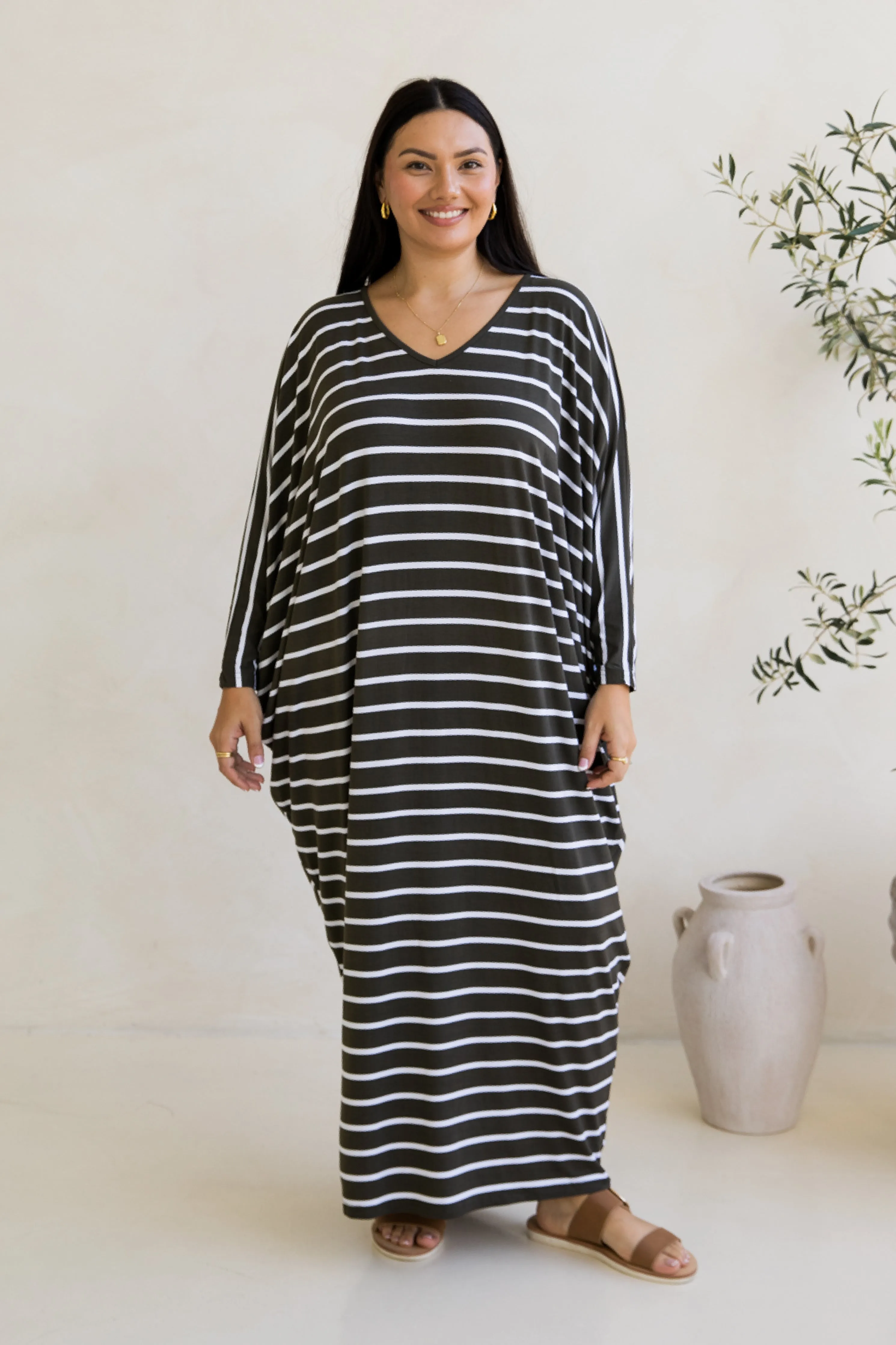 Long Sleeve Maxi Miracle Dress in Moss Green/White Stripe