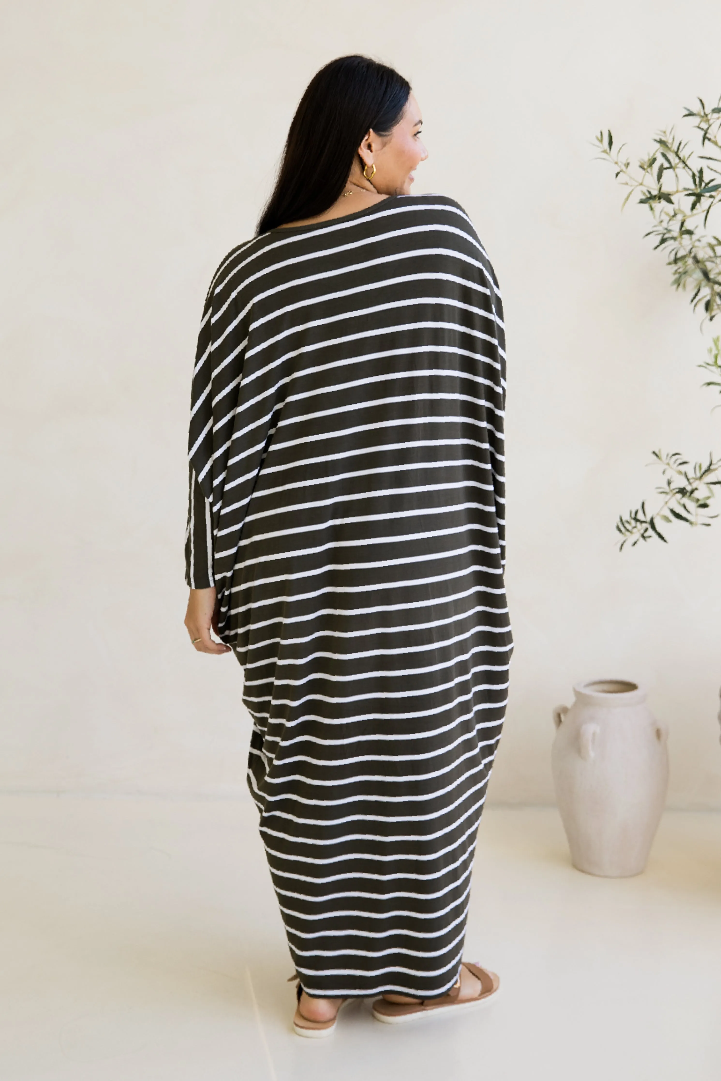 Long Sleeve Maxi Miracle Dress in Moss Green/White Stripe