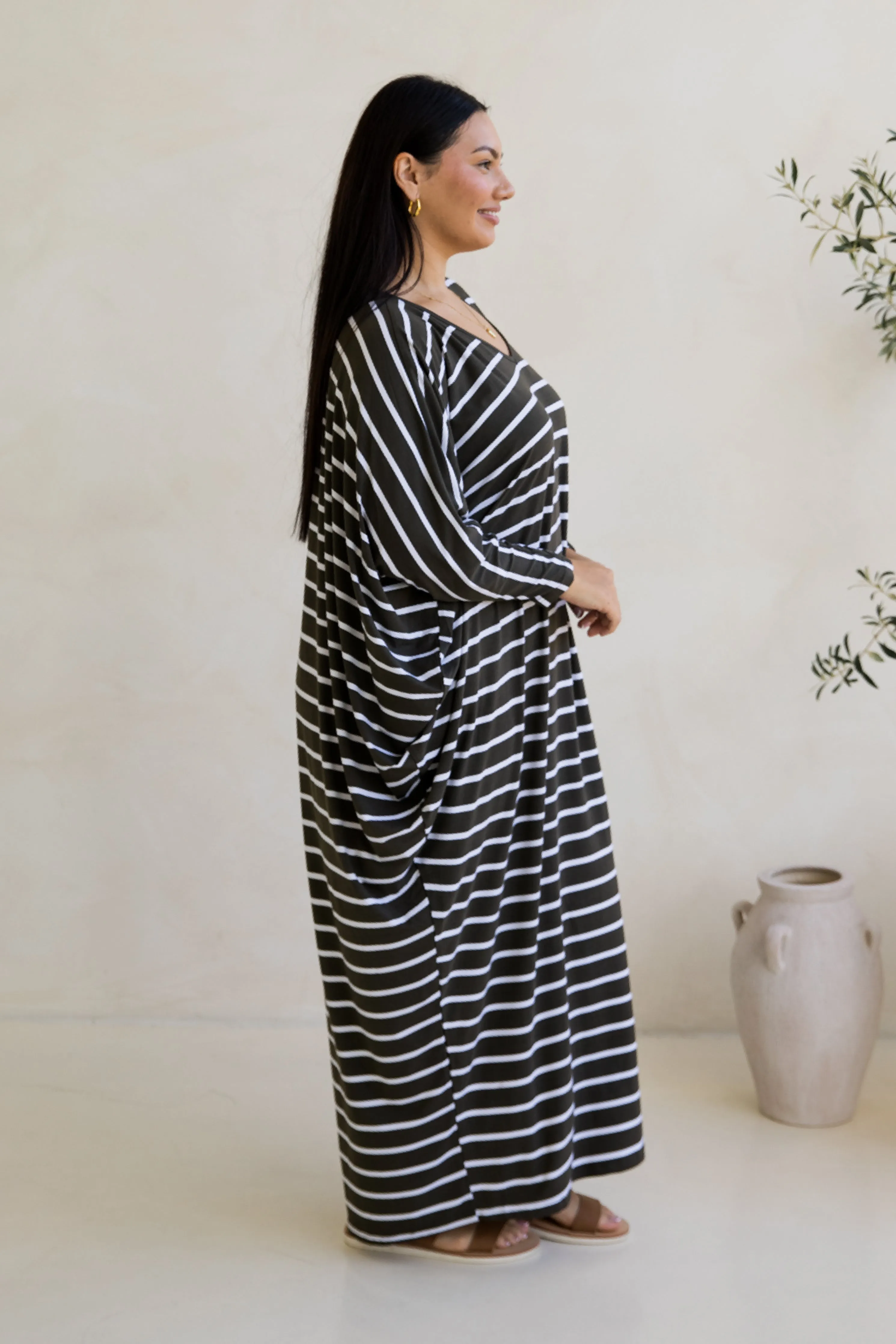 Long Sleeve Maxi Miracle Dress in Moss Green/White Stripe