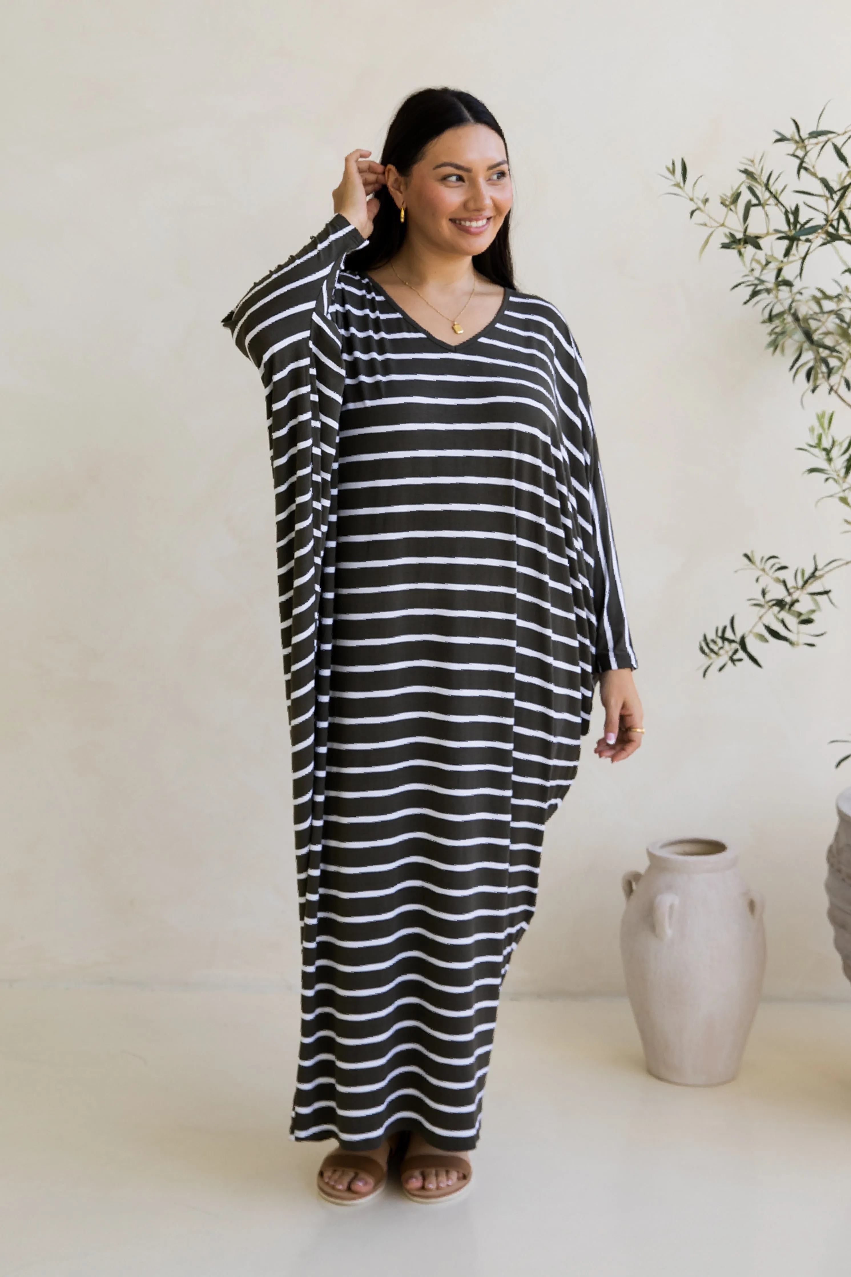 Long Sleeve Maxi Miracle Dress in Moss Green/White Stripe