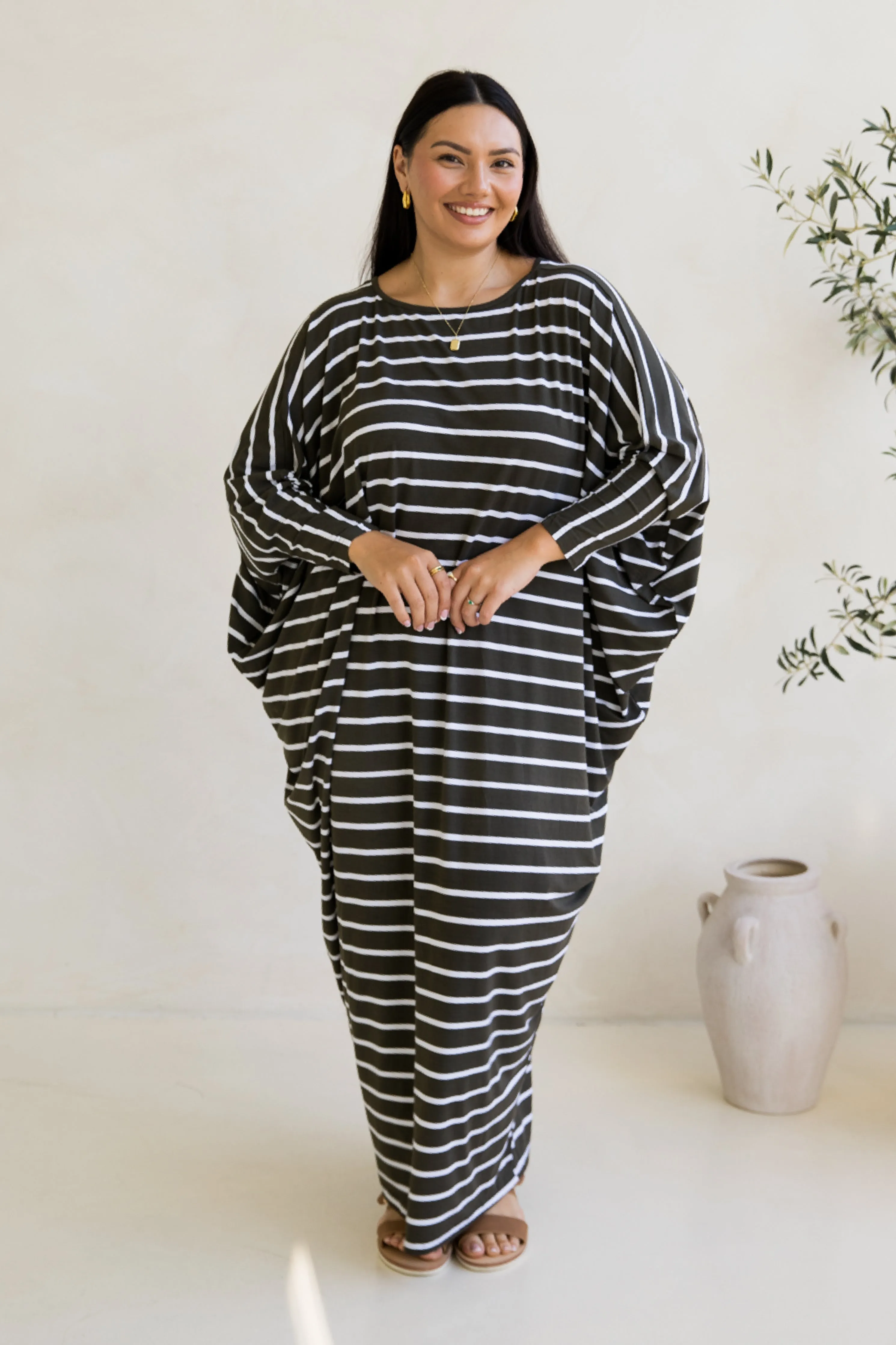 Long Sleeve Maxi Miracle Dress in Moss Green/White Stripe