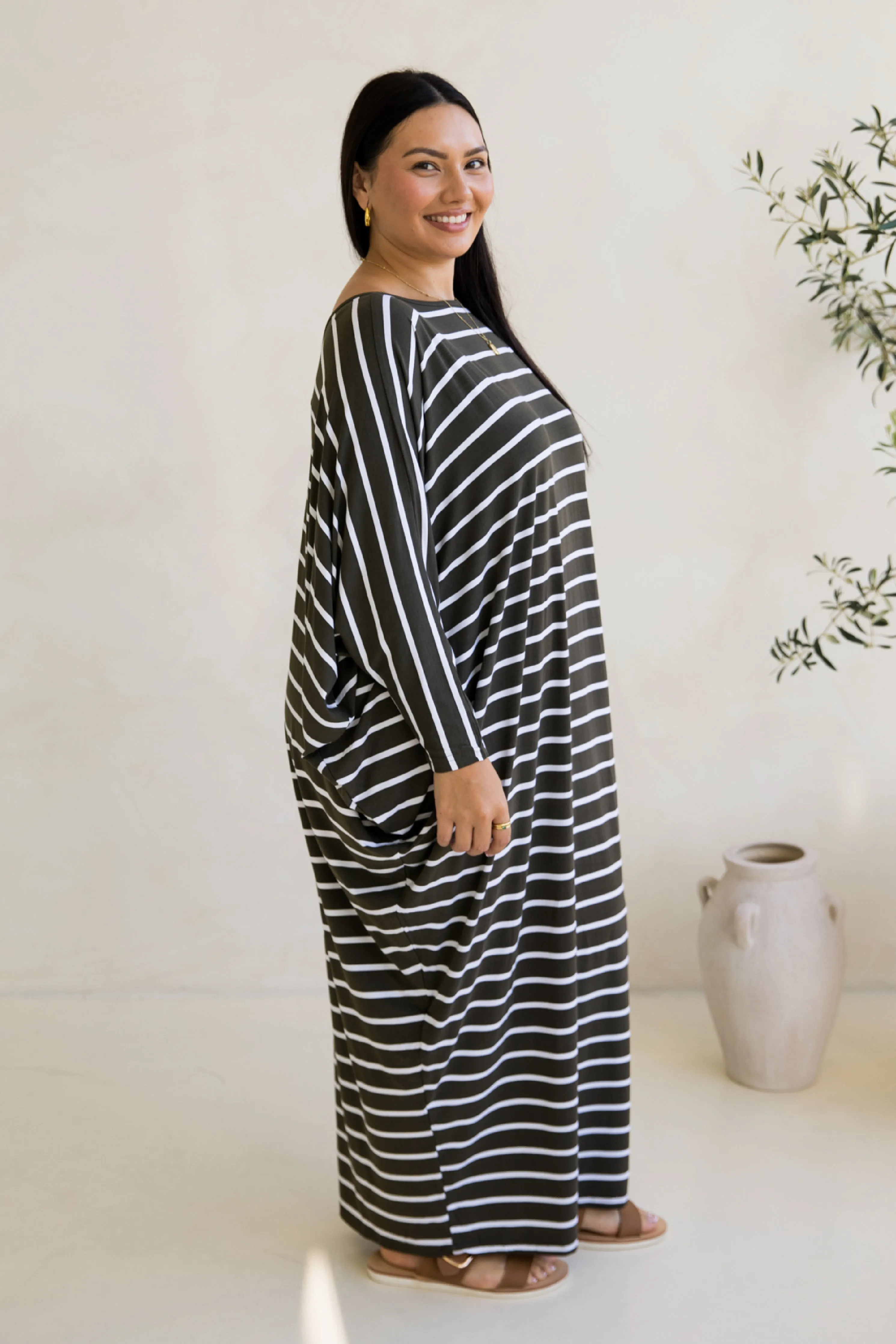 Long Sleeve Maxi Miracle Dress in Moss Green/White Stripe