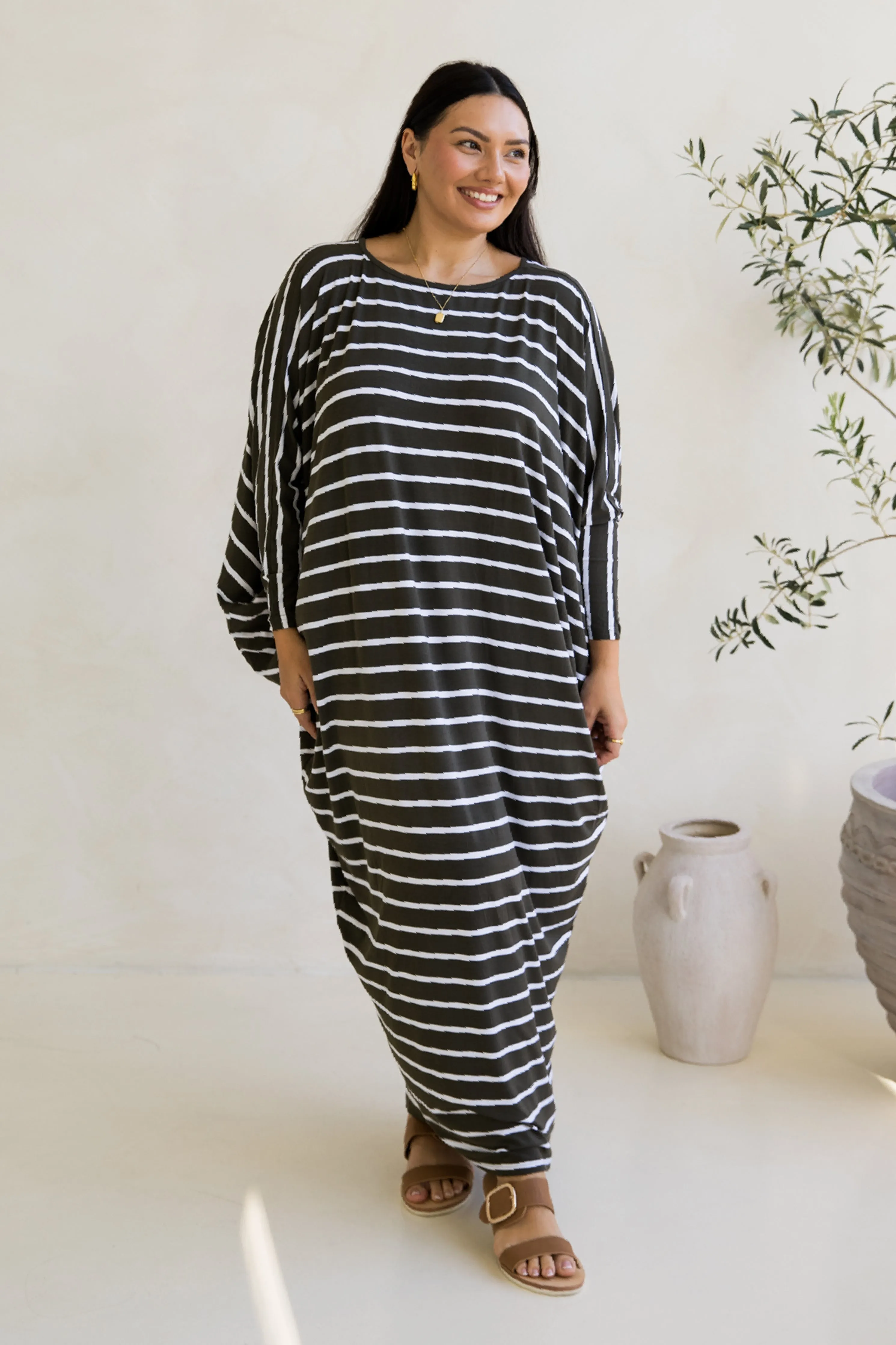 Long Sleeve Maxi Miracle Dress in Moss Green/White Stripe