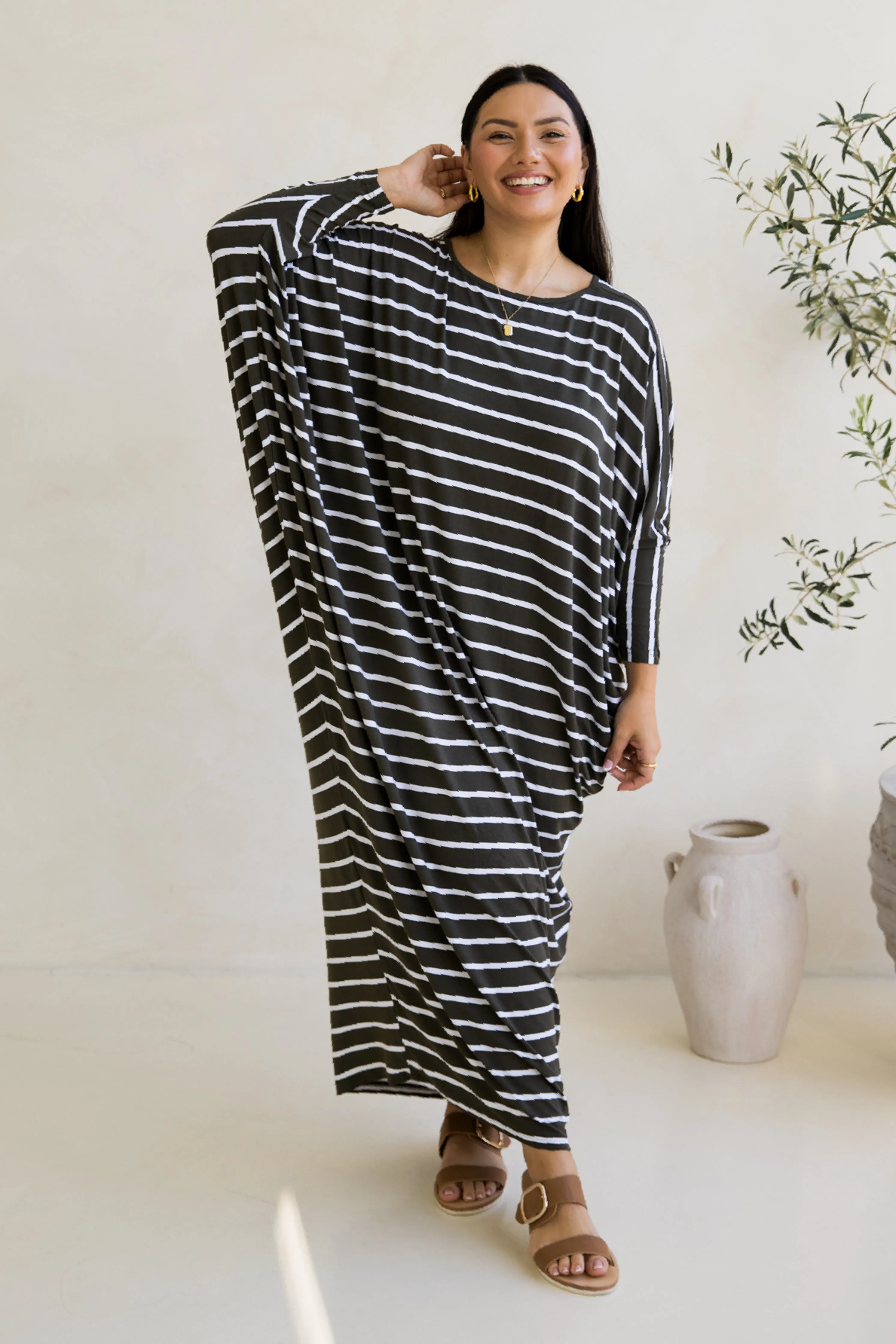 Long Sleeve Maxi Miracle Dress in Moss Green/White Stripe