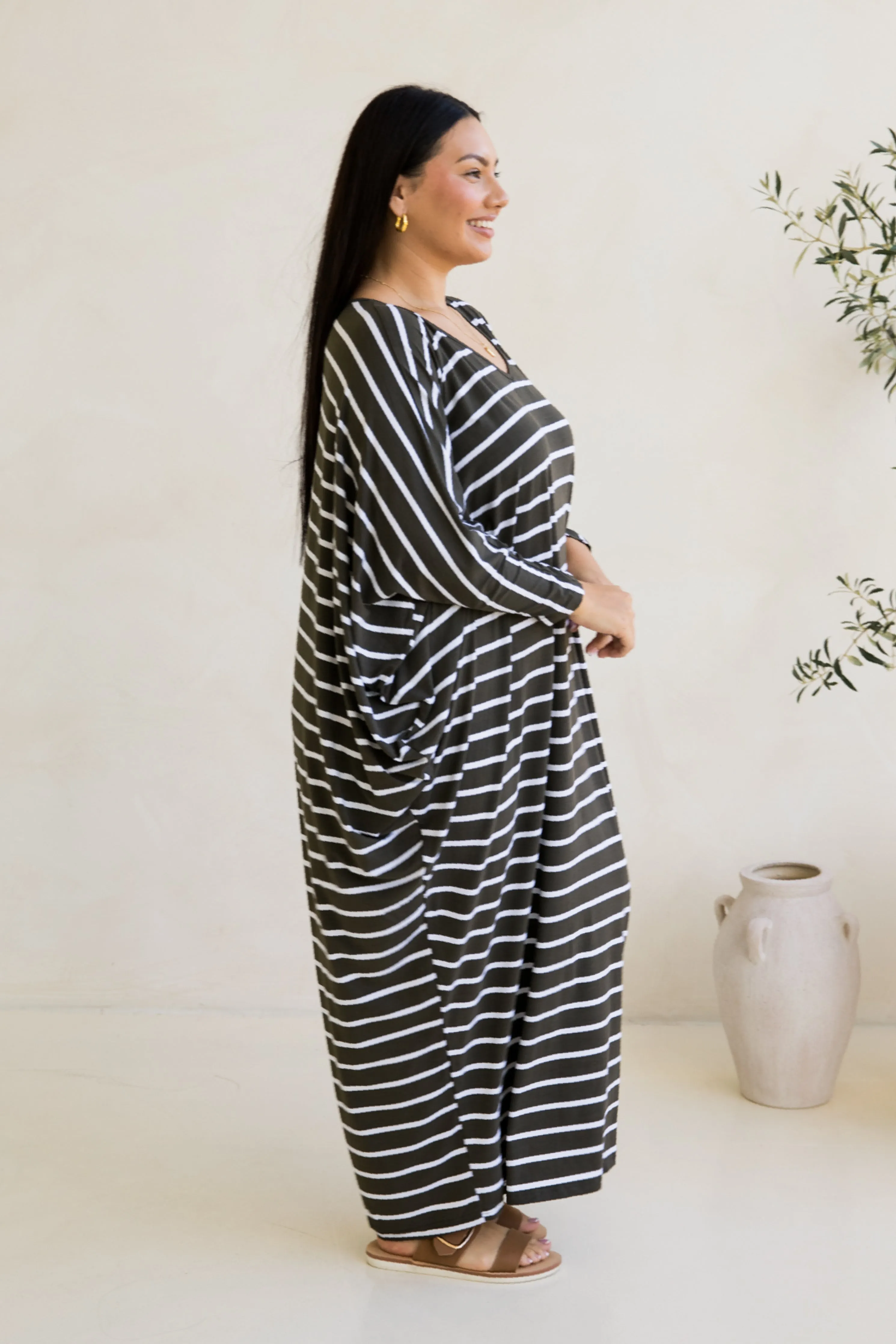 Long Sleeve Maxi Miracle Dress in Moss Green/White Stripe