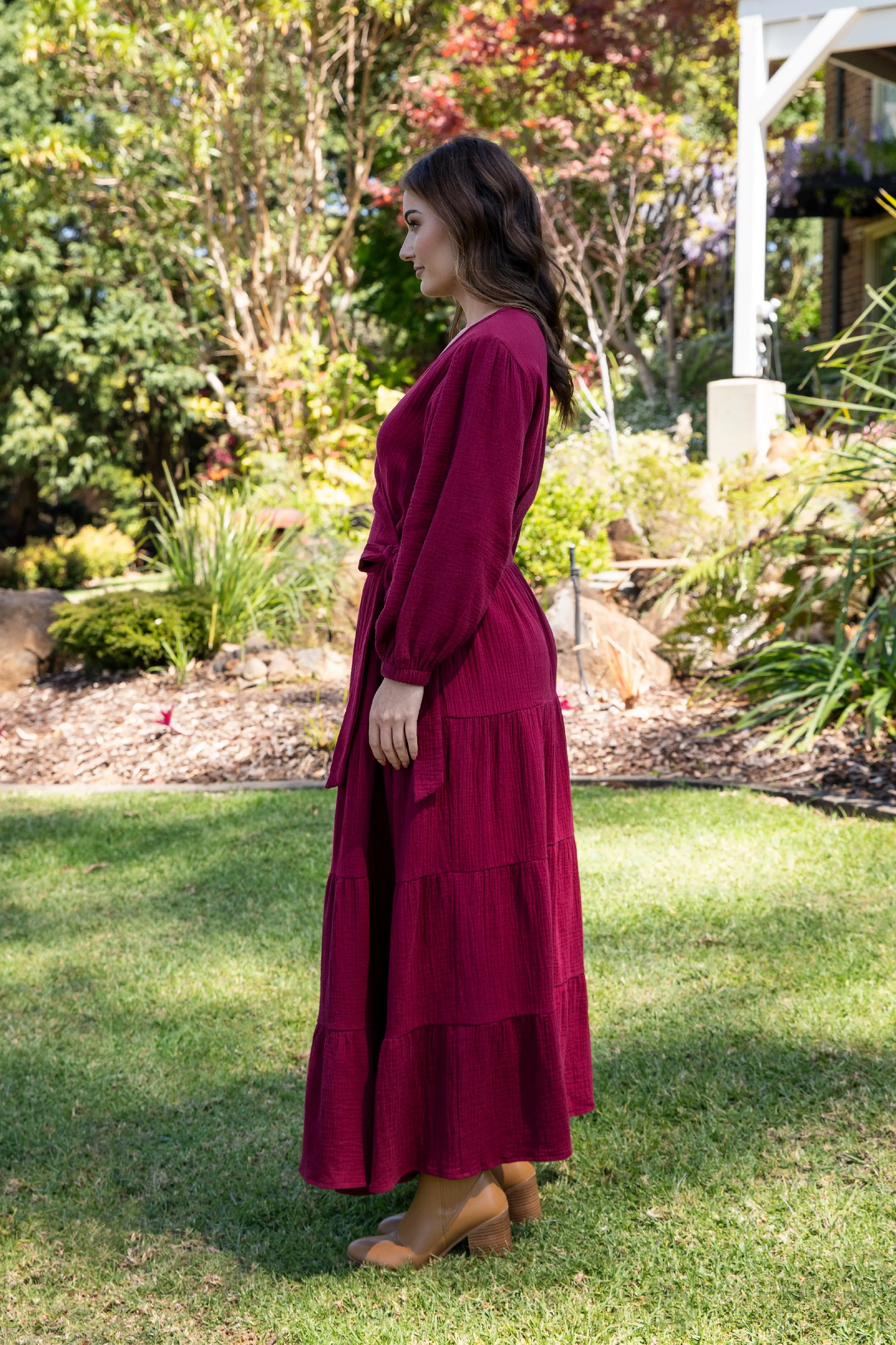 Long Sleeve Ruffle Wrap Dress in Mahogany