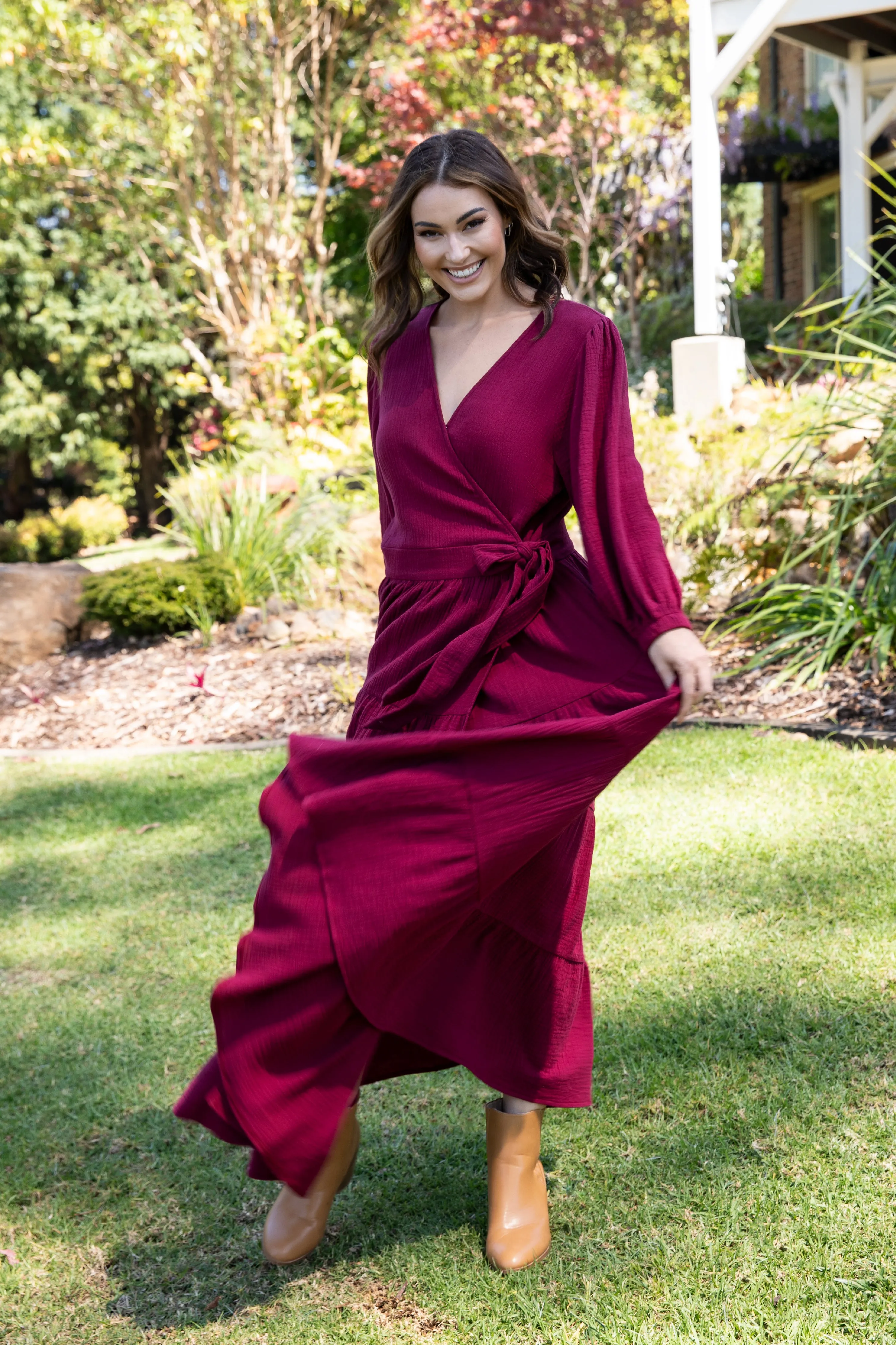 Long Sleeve Ruffle Wrap Dress in Mahogany