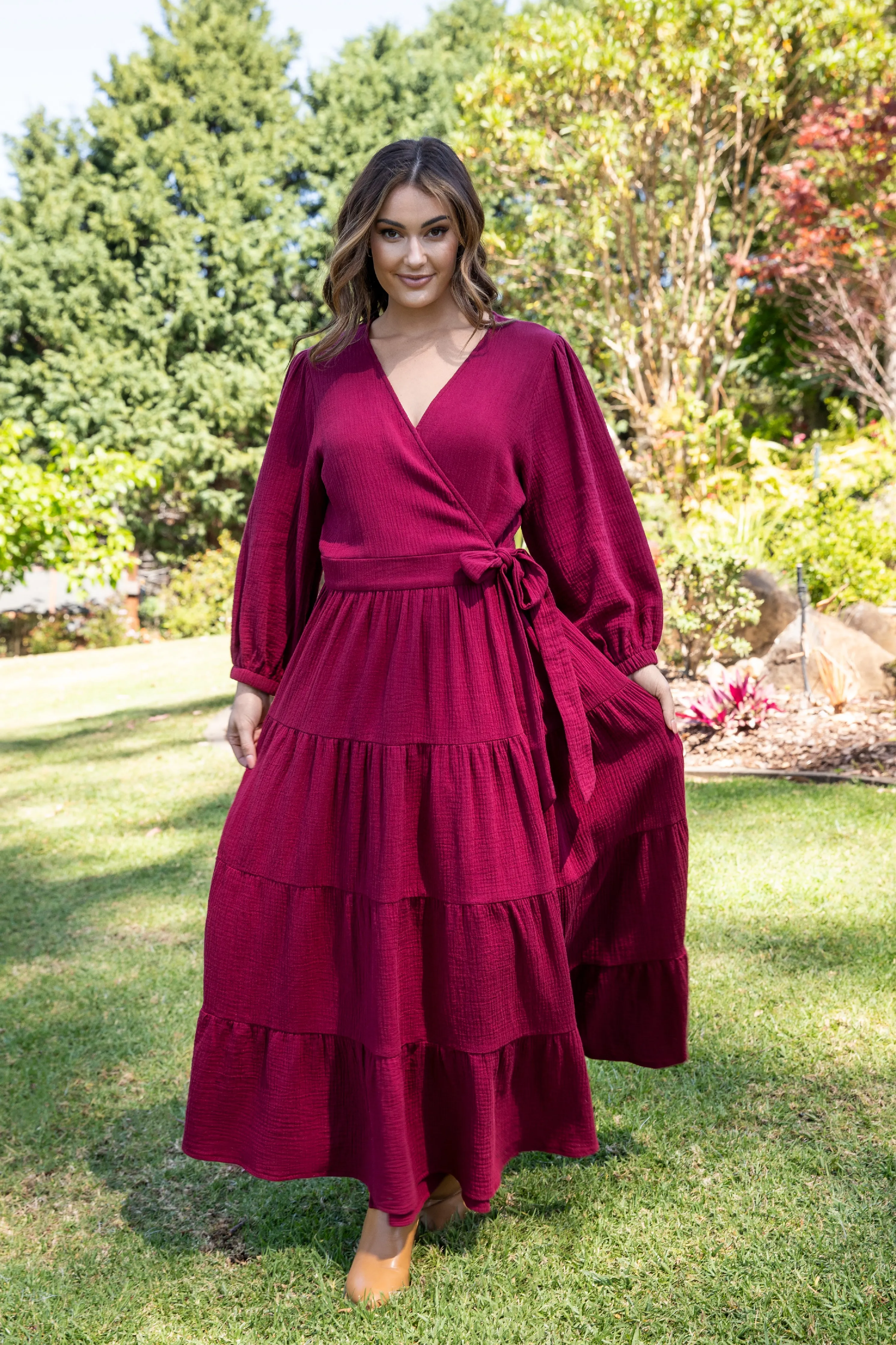 Long Sleeve Ruffle Wrap Dress in Mahogany