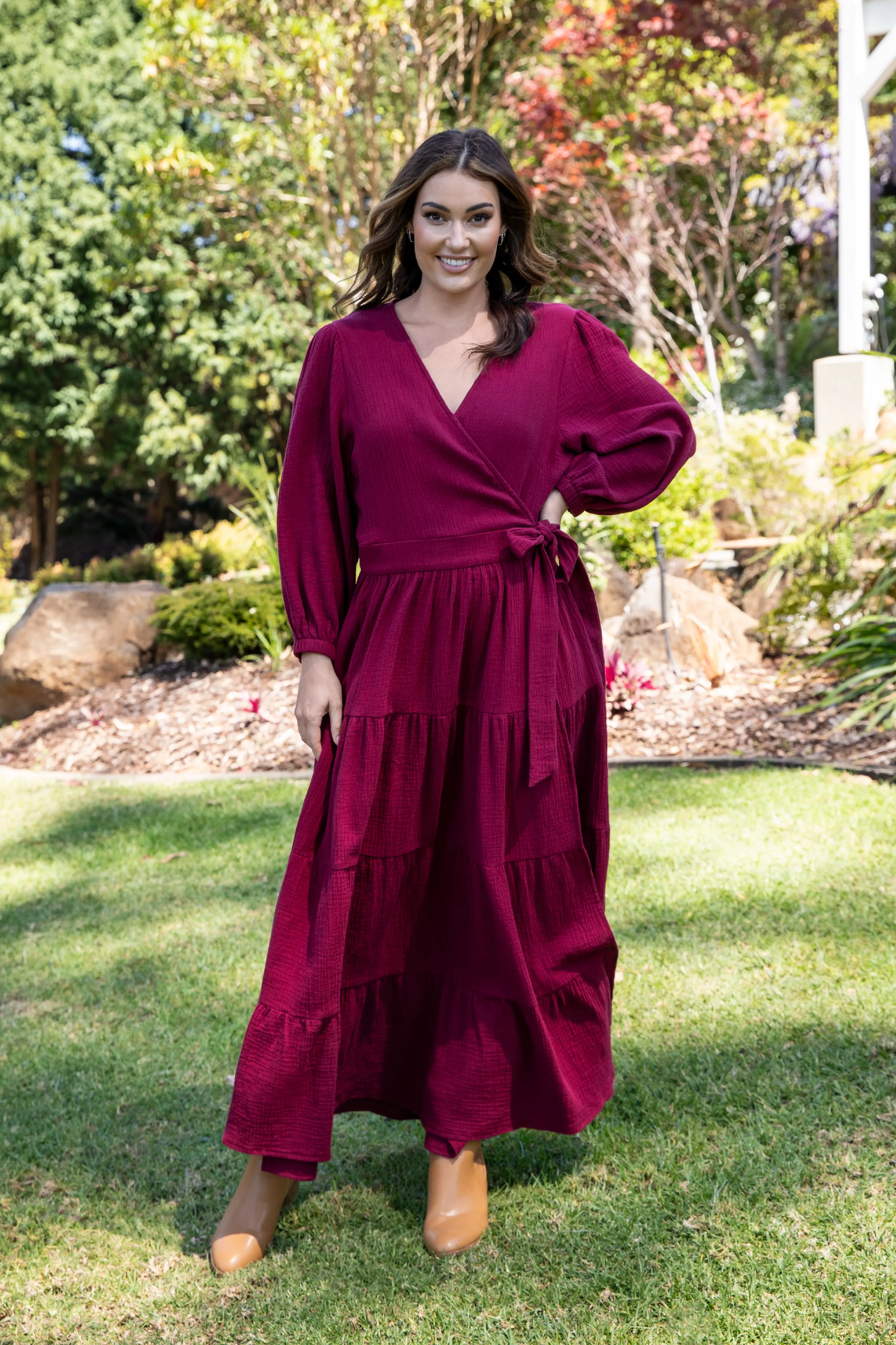 Long Sleeve Ruffle Wrap Dress in Mahogany