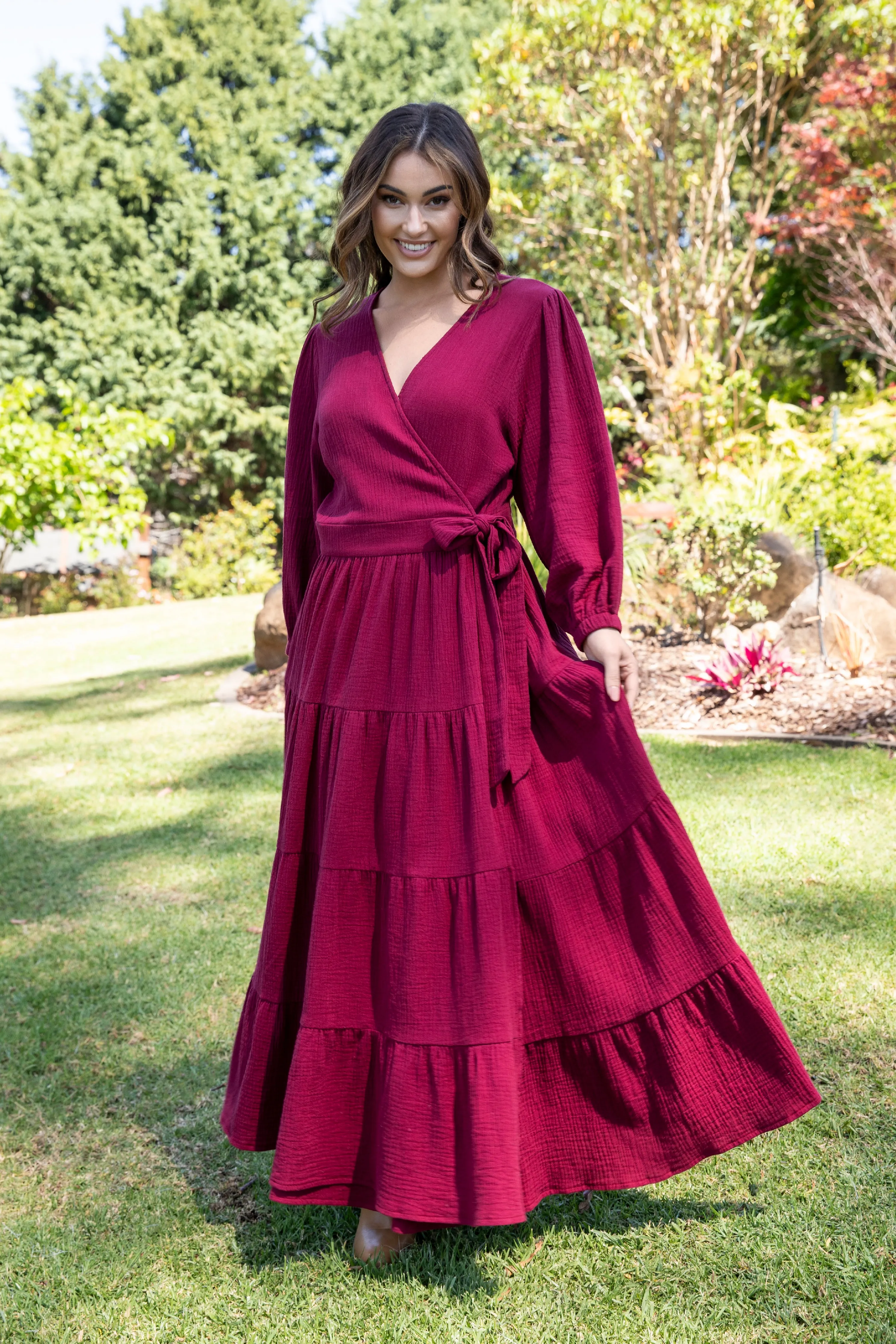 Long Sleeve Ruffle Wrap Dress in Mahogany