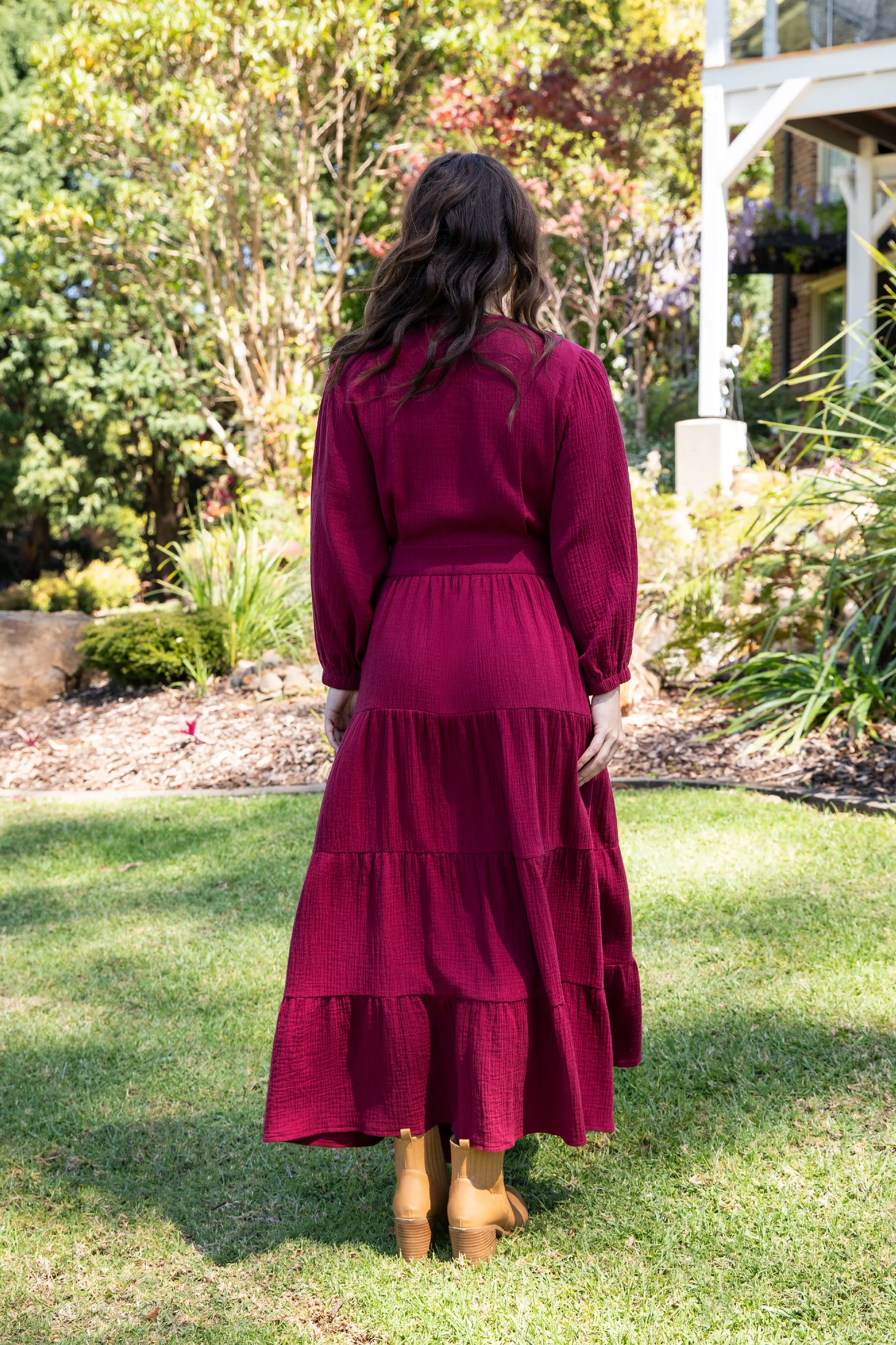 Long Sleeve Ruffle Wrap Dress in Mahogany