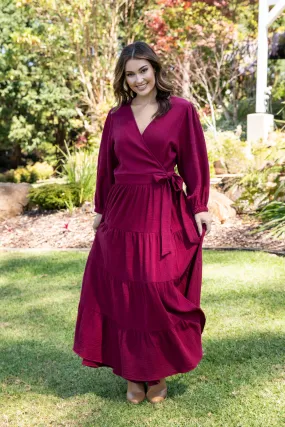 Long Sleeve Ruffle Wrap Dress in Mahogany