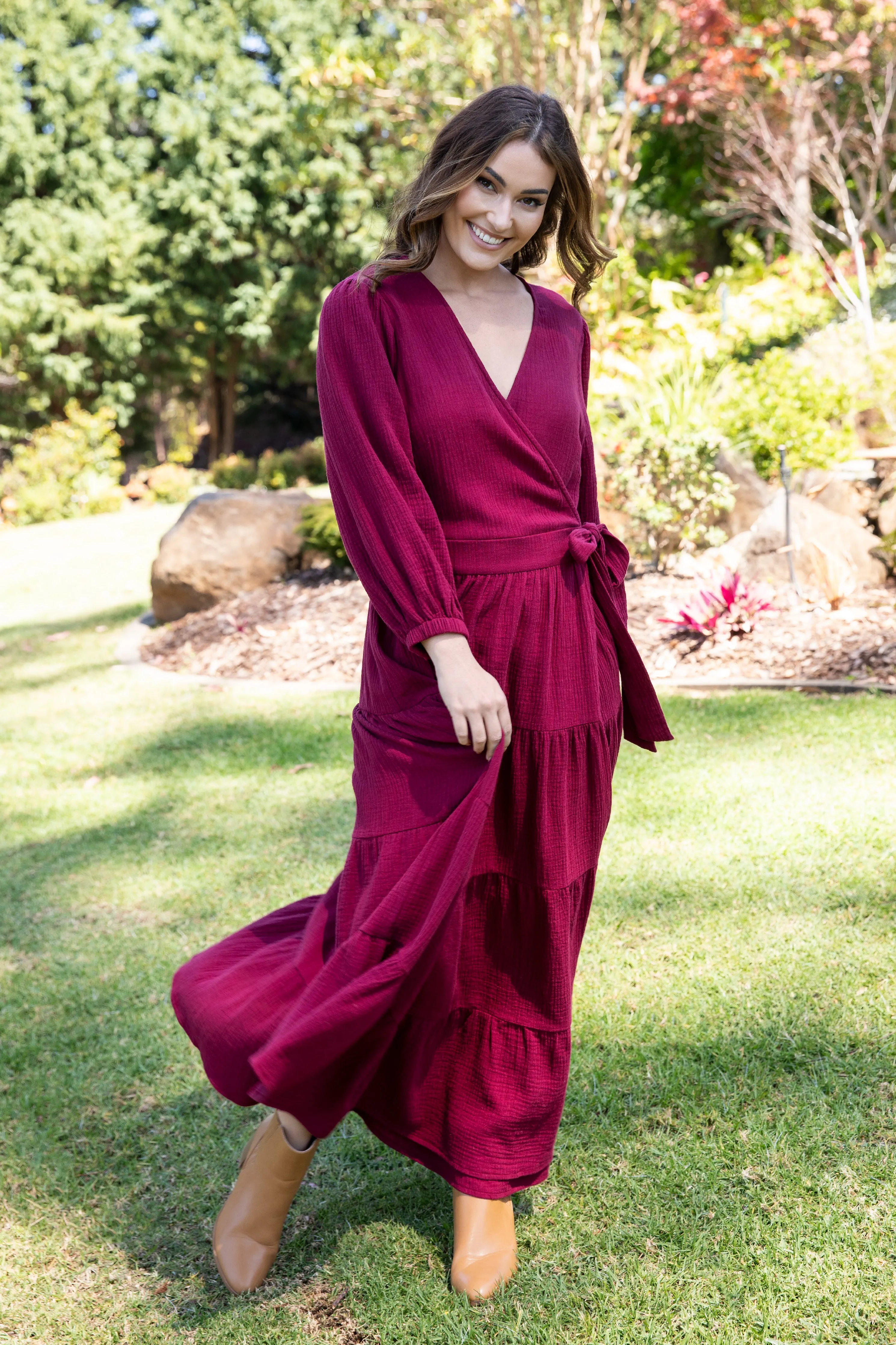 Long Sleeve Ruffle Wrap Dress in Mahogany