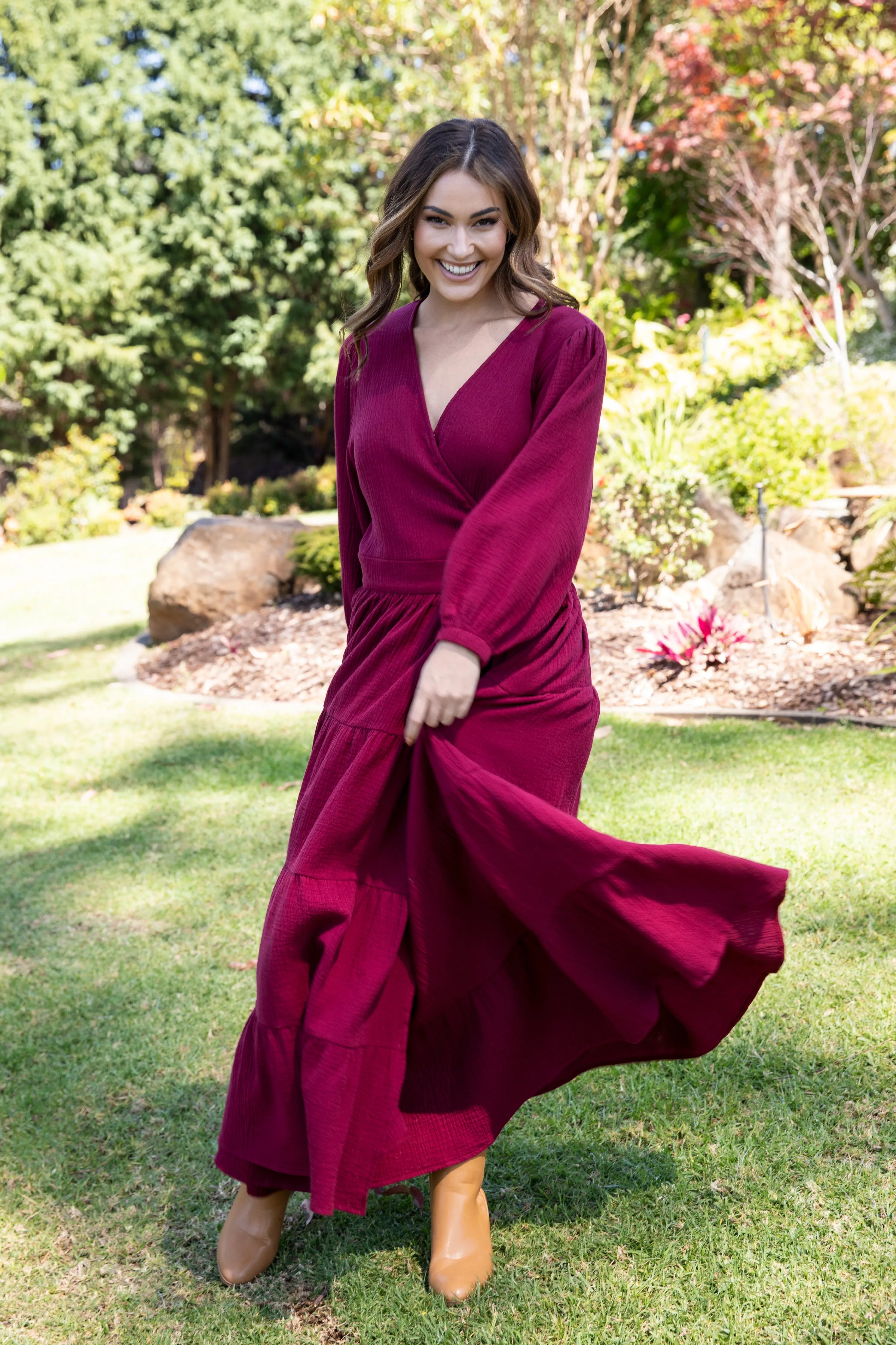 Long Sleeve Ruffle Wrap Dress in Mahogany