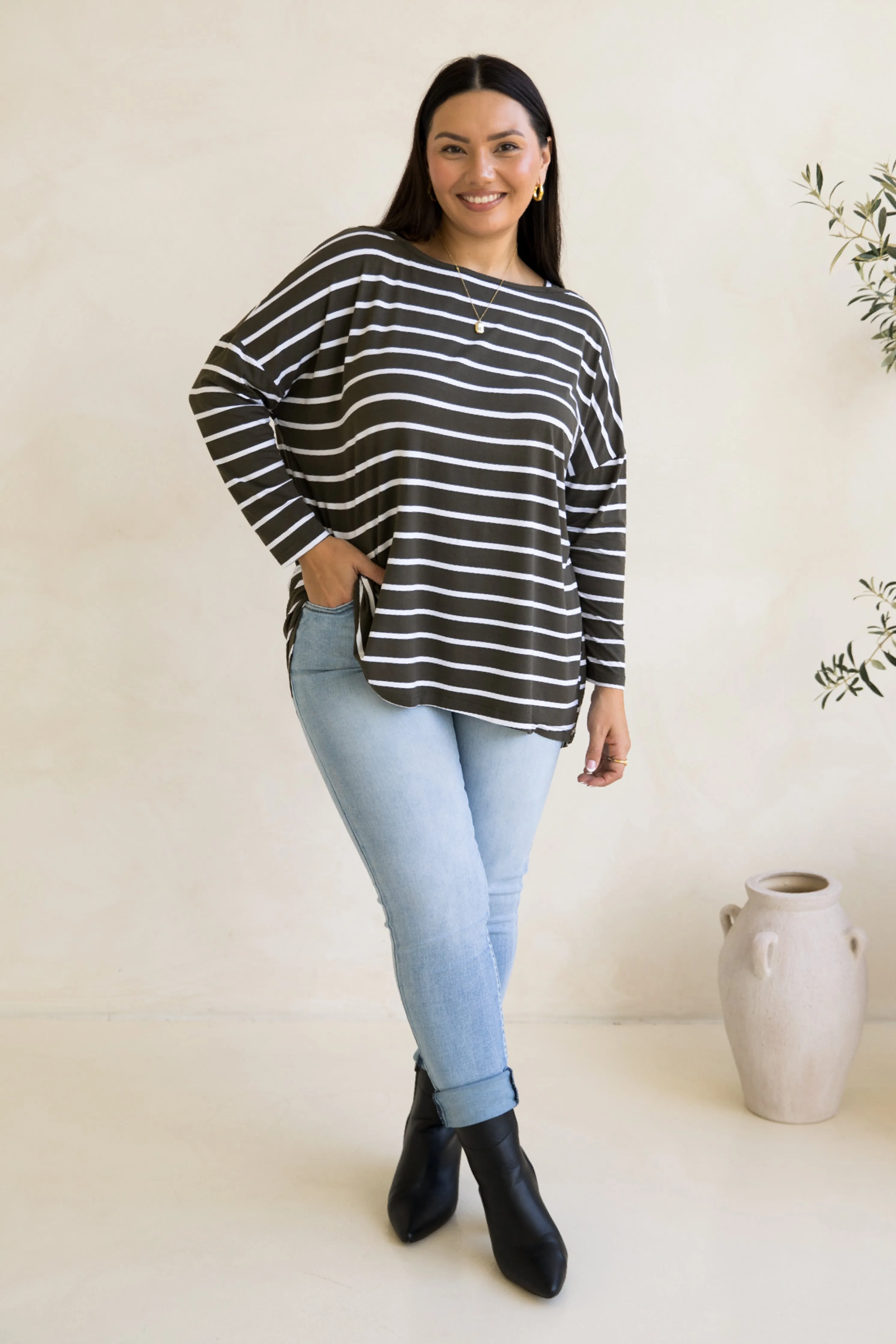 Pippa Top in Moss Green/White Stripe