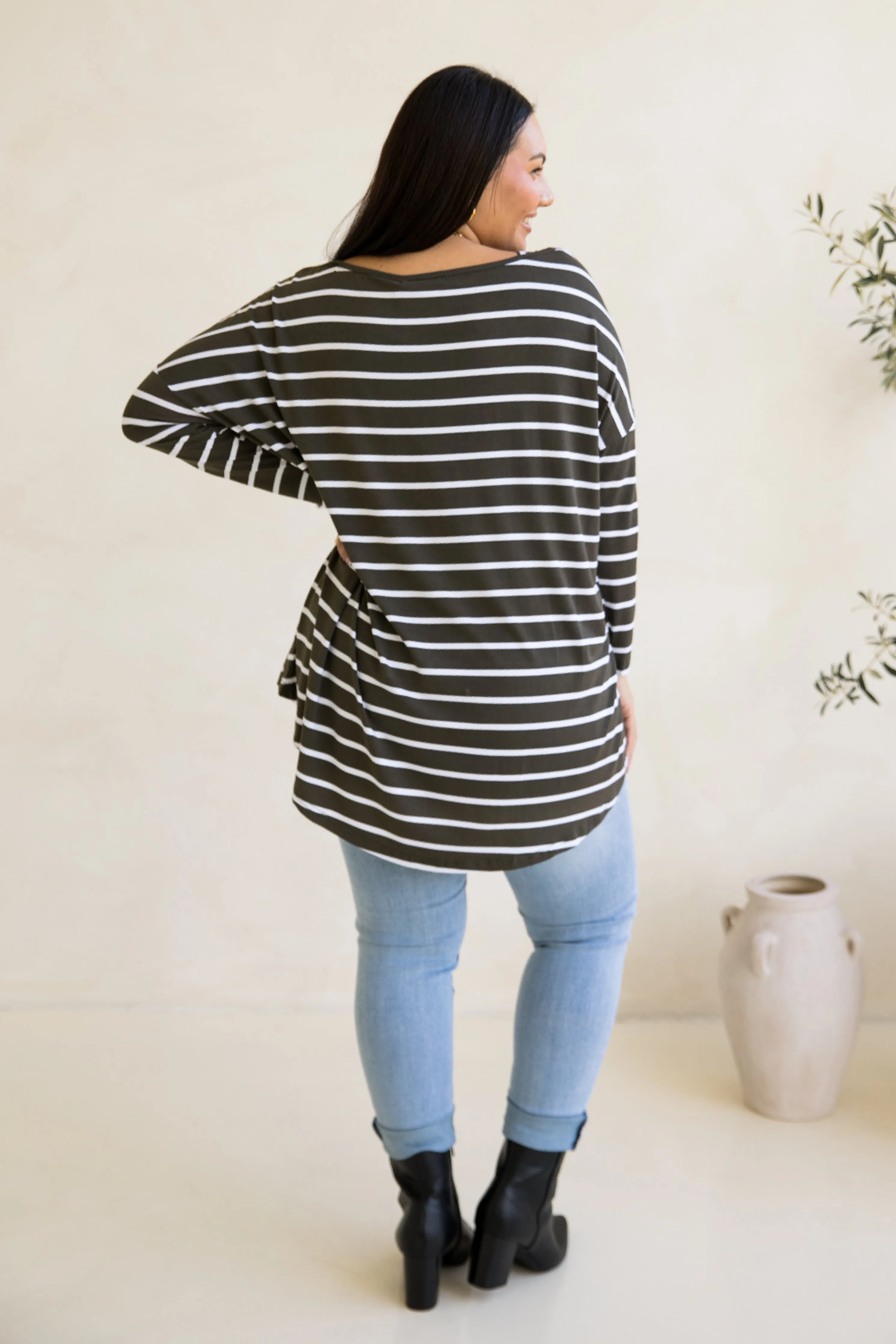 Pippa Top in Moss Green/White Stripe