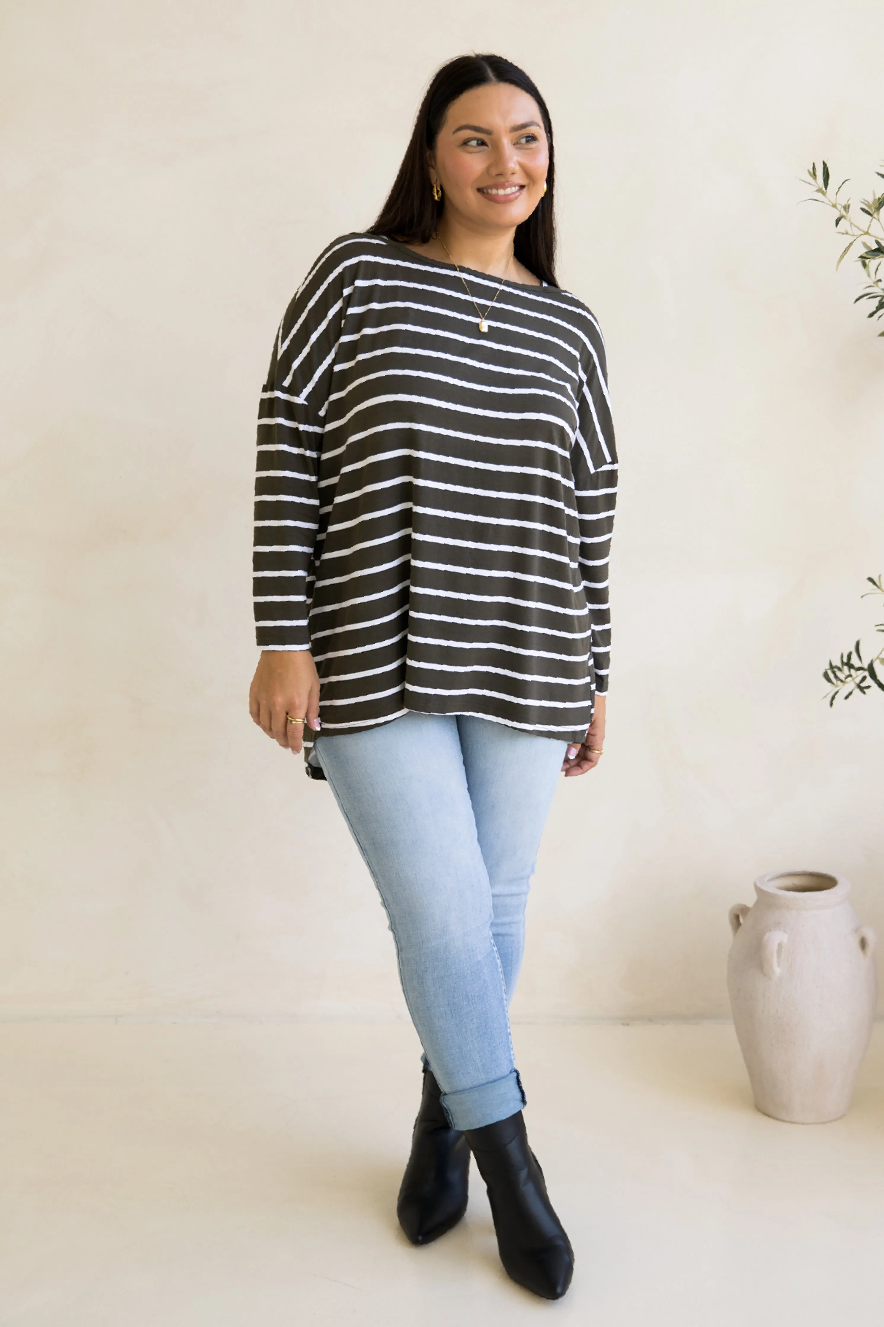 Pippa Top in Moss Green/White Stripe