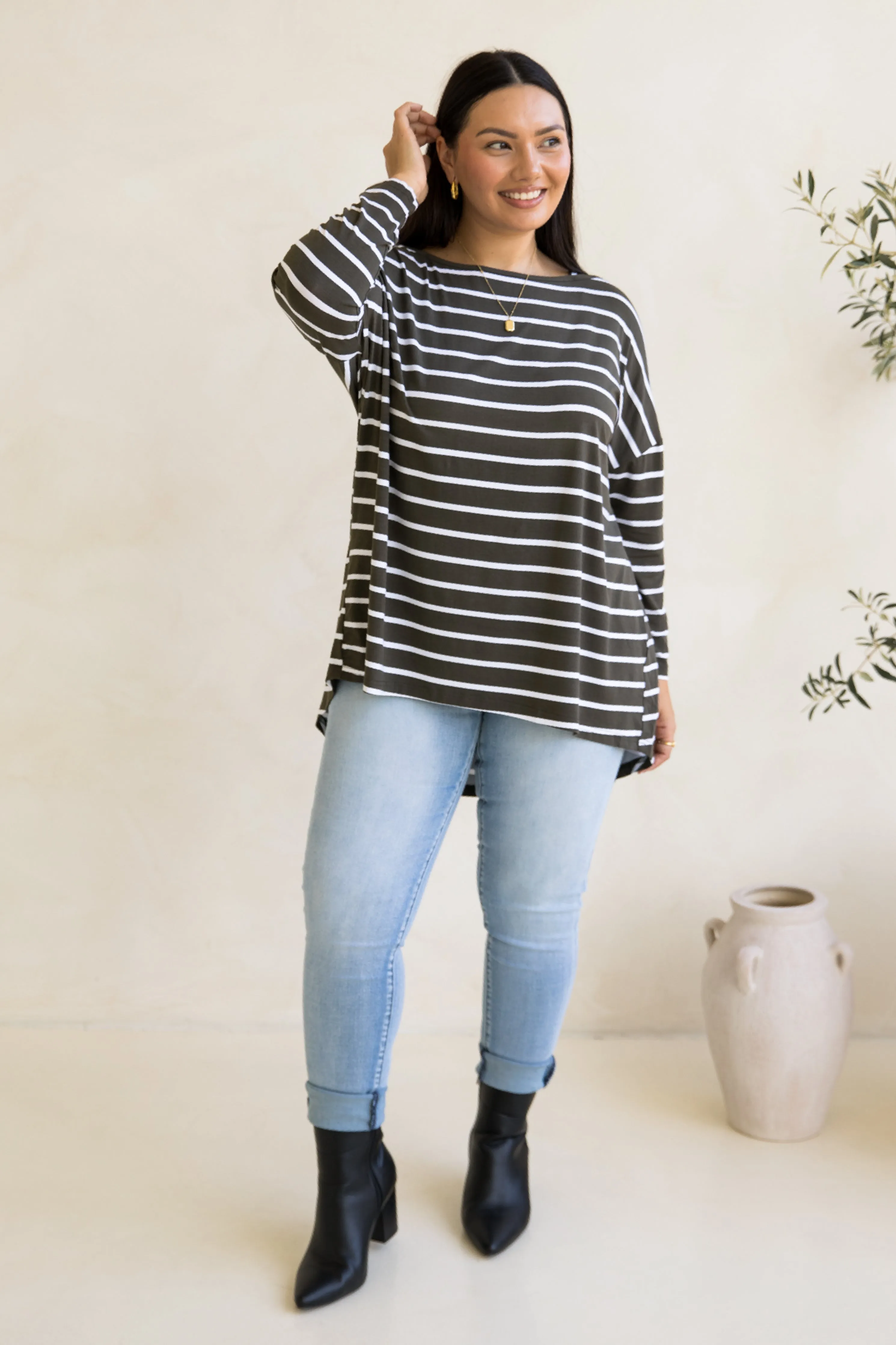 Pippa Top in Moss Green/White Stripe