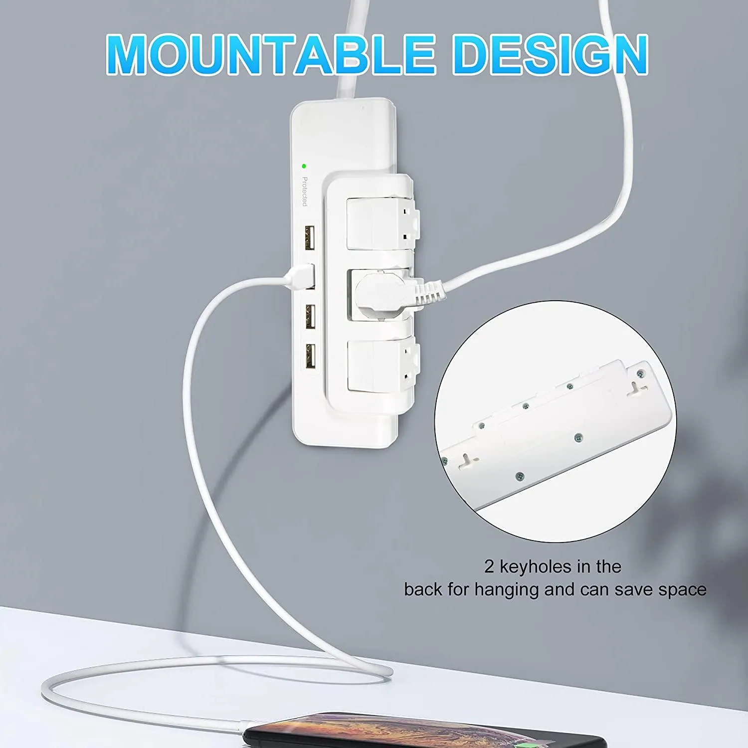 Rotating Power Strip Surge Protector 1020 Joules 3 Outlet Extender with 4 USB Ports and 6ft Heavy Duty Extension Cord