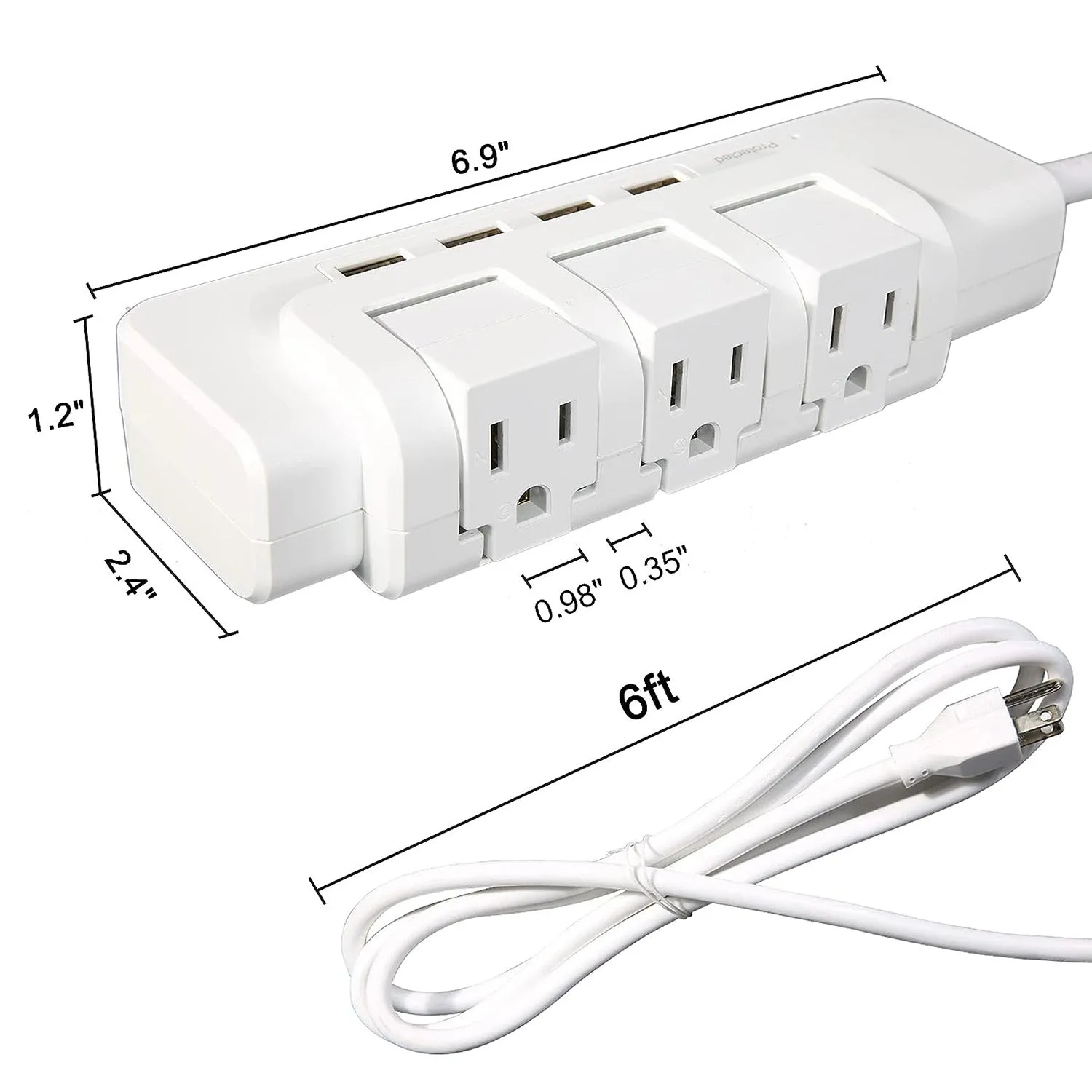 Rotating Power Strip Surge Protector 1020 Joules 3 Outlet Extender with 4 USB Ports and 6ft Heavy Duty Extension Cord