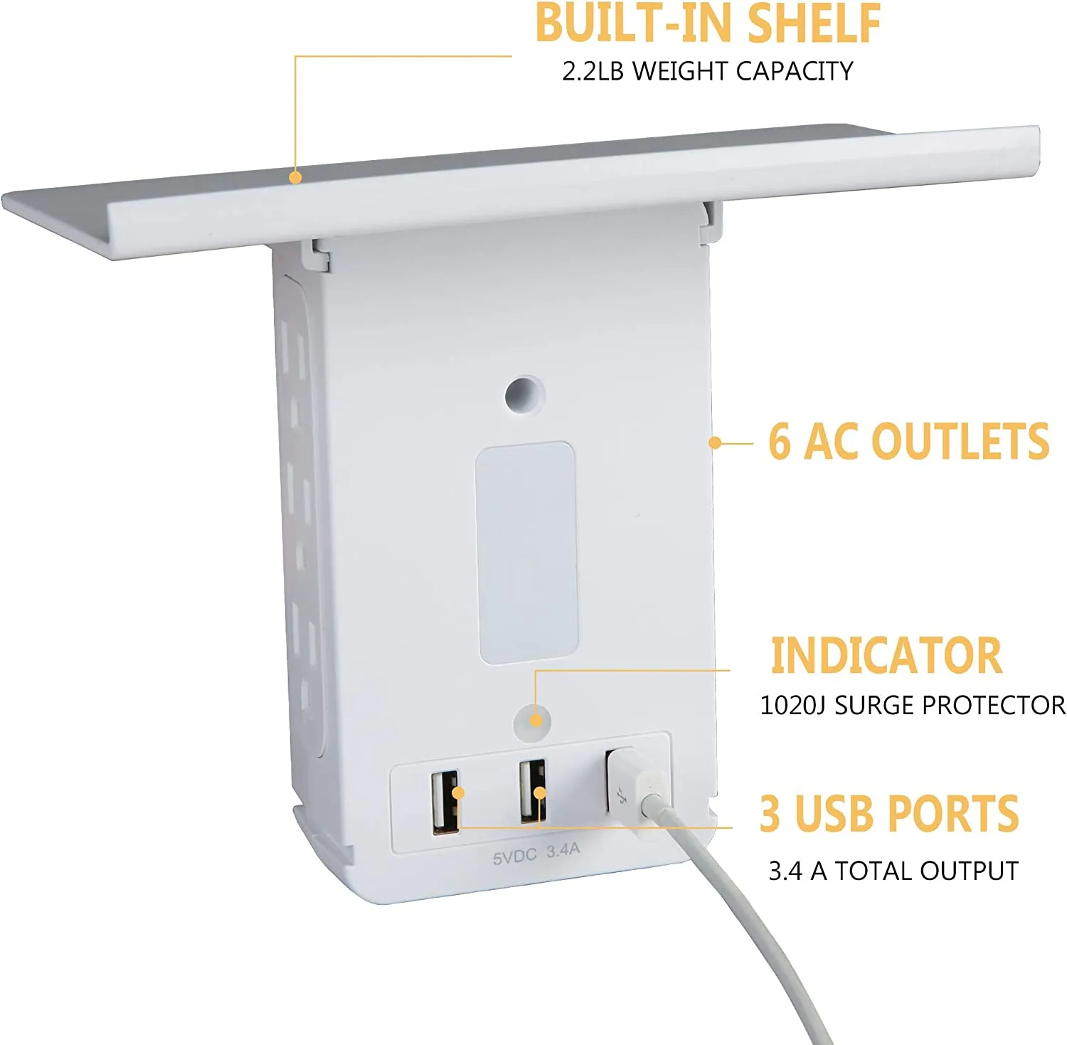 Wall Outlet Extender-2 Pack Surge Protector 15 A Multifunctional Outlet Wall Plug with USB Ports(3.4A Total), 6 AC Outlets