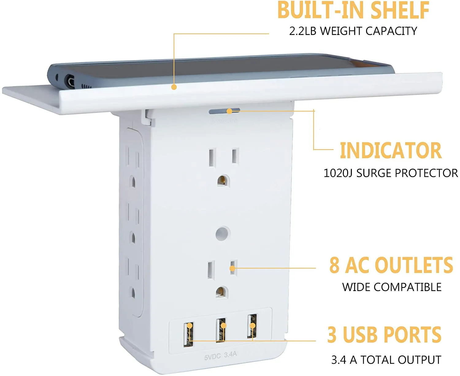 Wall Outlet Extender-2 Pack Surge Protector Multifunctional Outlet Wall Plug with 3 USB Ports(3.4A Total), 8 AC Outlets, Removable Outlet Shelf