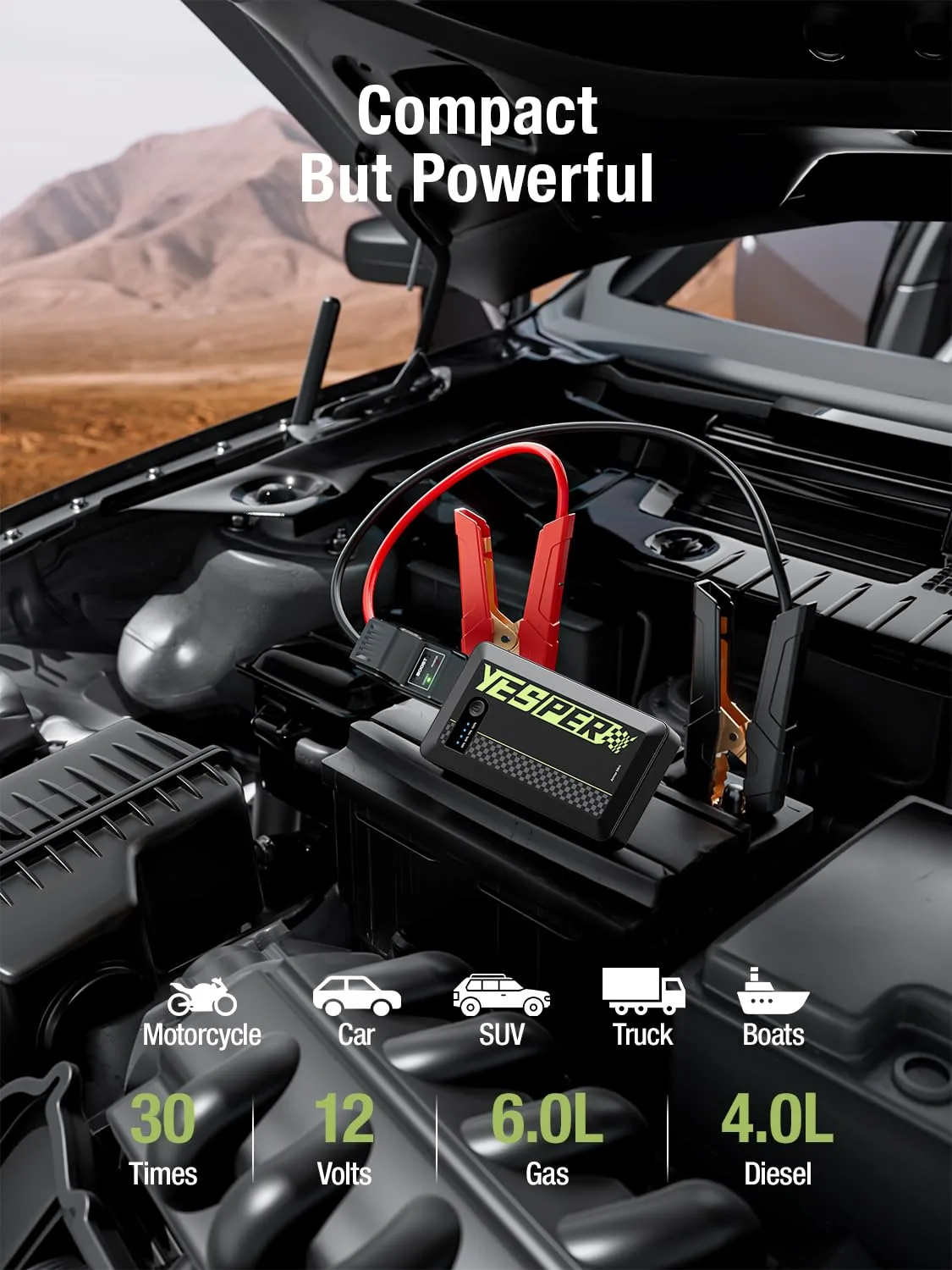 YESPER Best Car Jump Starter - Portable 12V Auto Battery Booster for 6L Gas & 4L Diesel Engine.